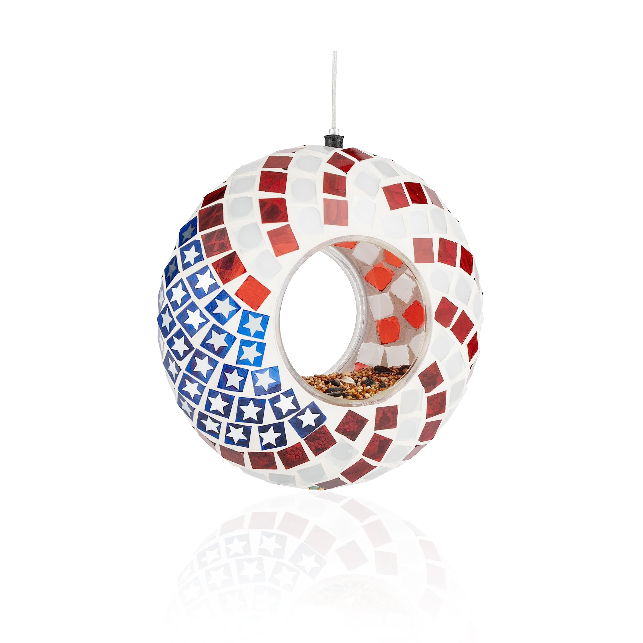 Backyard Expressions Hanging Glass Bird Feeder - Patriotic - Fly Through Bird Feeders for Outside, Mosaic Bird Feeder, Round Sha