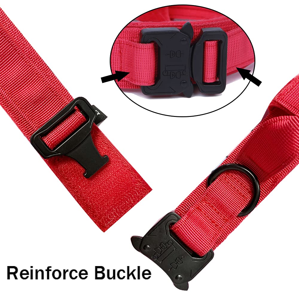 Tactical Dog Collar Military Dog Collar Adjustable Nylon Dog Collar Heavy Duty Metal Buckle with Handle for Dog Training (Red,L)