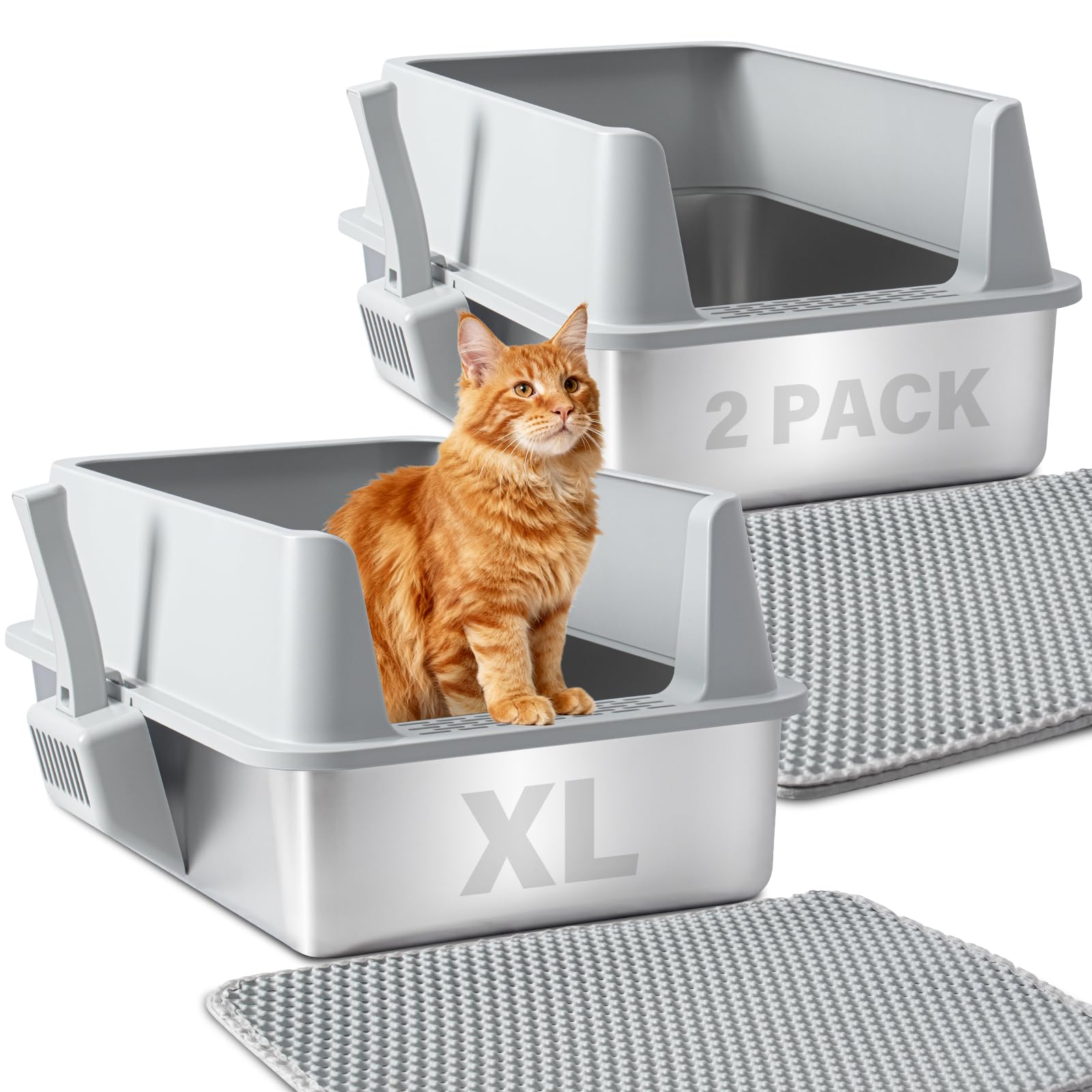 Nyutu Stainless Steel Litter Box 2 Pack, Large Metal Litter Box with Lid, XL Cat Litter Boxes for Adult/Big Cat, Anti-Urine Leak
