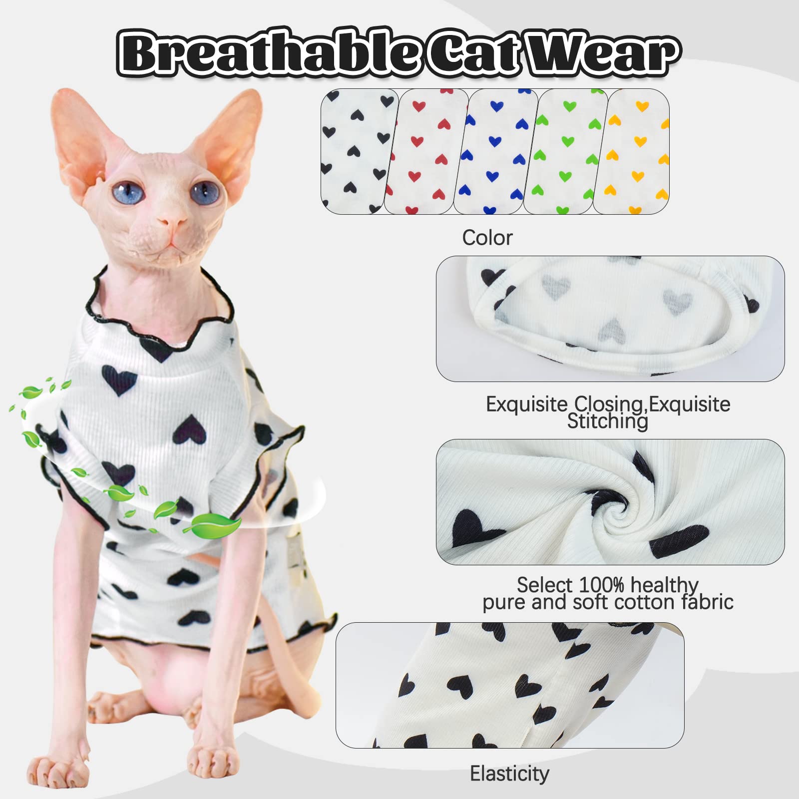 Dentrun Heart Pattern Sphynx Hairless Cats Shirt, Kitten T-Shirts With Perlin Sleeves, Breathable Cat Wear Cute Sweater Adorable