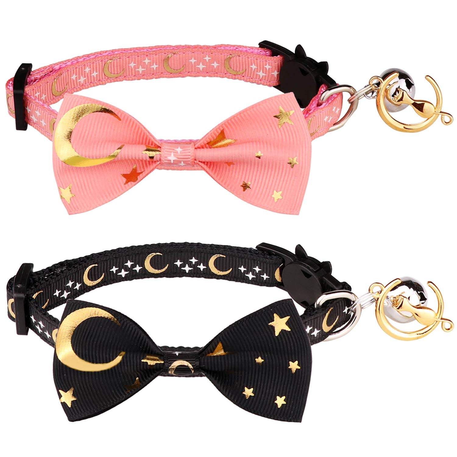 2 Pcs Breakaway Cat Collar With Bow Tie And Bell Golden Moon Glowing Star In The Dark For Kitten(Black&Pink)