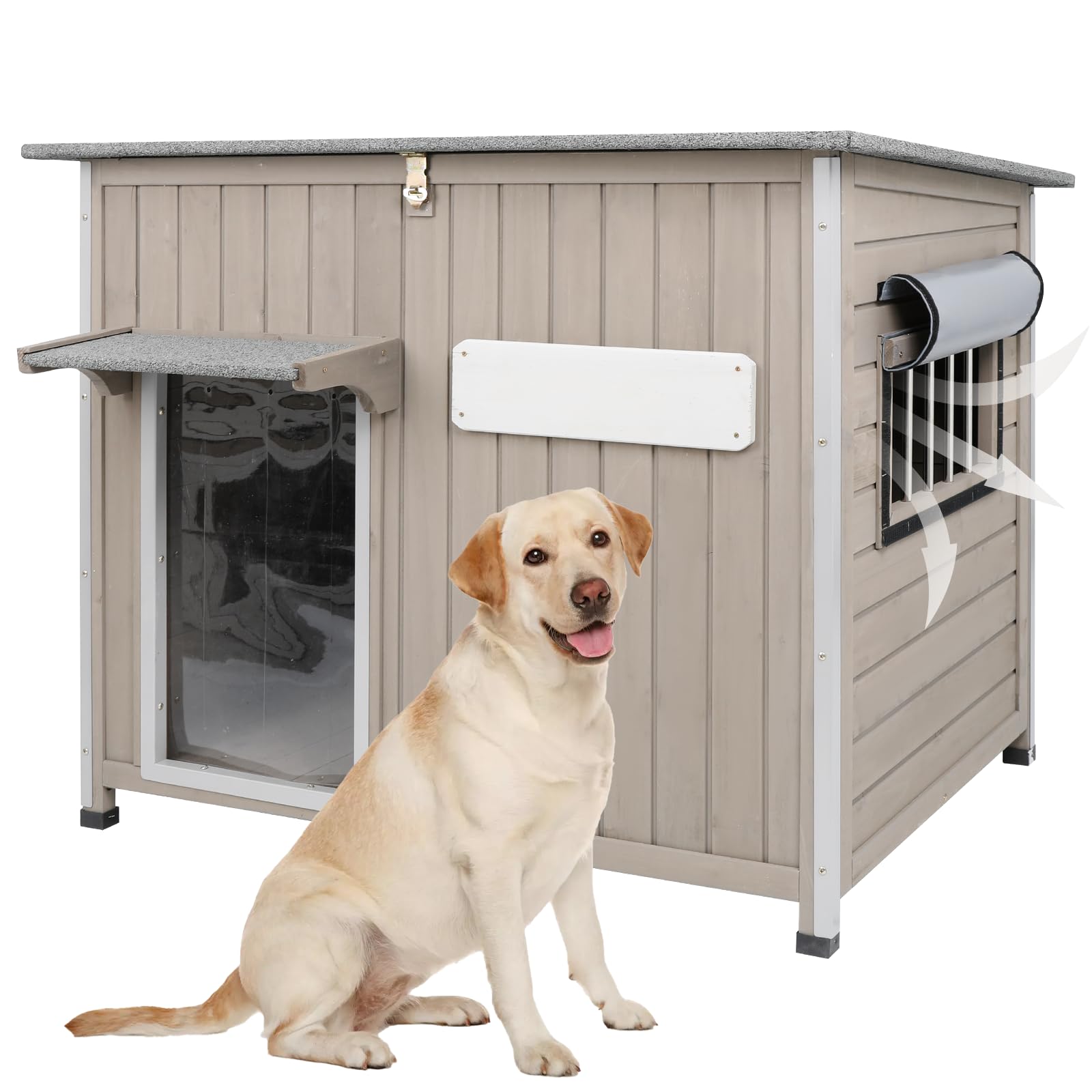 Dog House Outdoor Weatherproof & Wooden Dog Kennel with Chew-Proof Iron Frame,Removable Floor, Adjustable Vent Window, Easy Asse