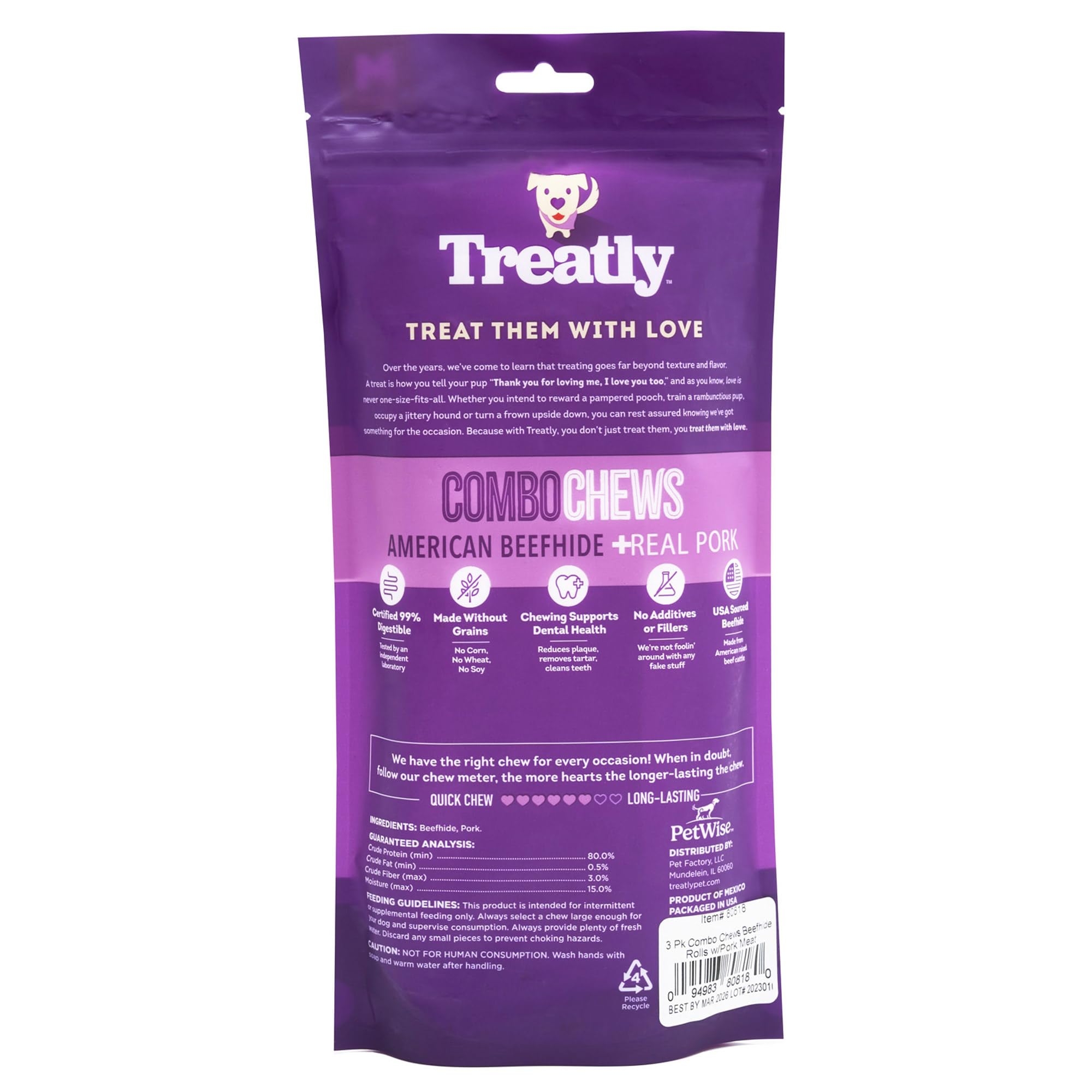 Treatly Combo Chews Beefhide Rolls 7 w/Pork Meat Wrap Dog Chew Treats - 3 Count/1 Pack