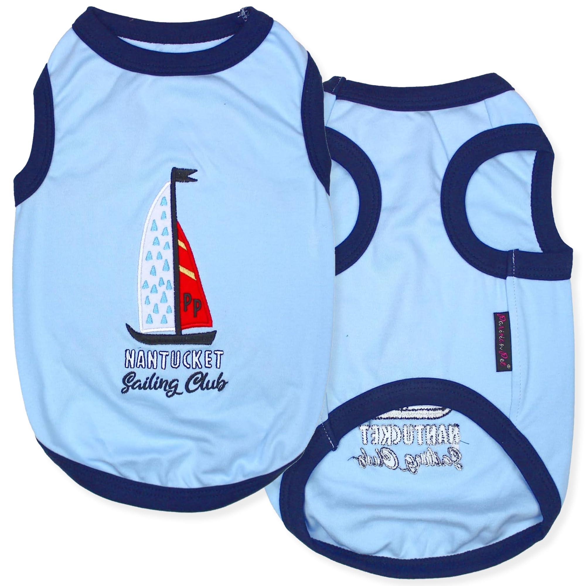 Parisian Pet Dog Tshirt - Embroidered Sailing Club Lightweight Tank Top - 100% Cotton Dog Summer Clothes - Sleeveless Tee Shirts