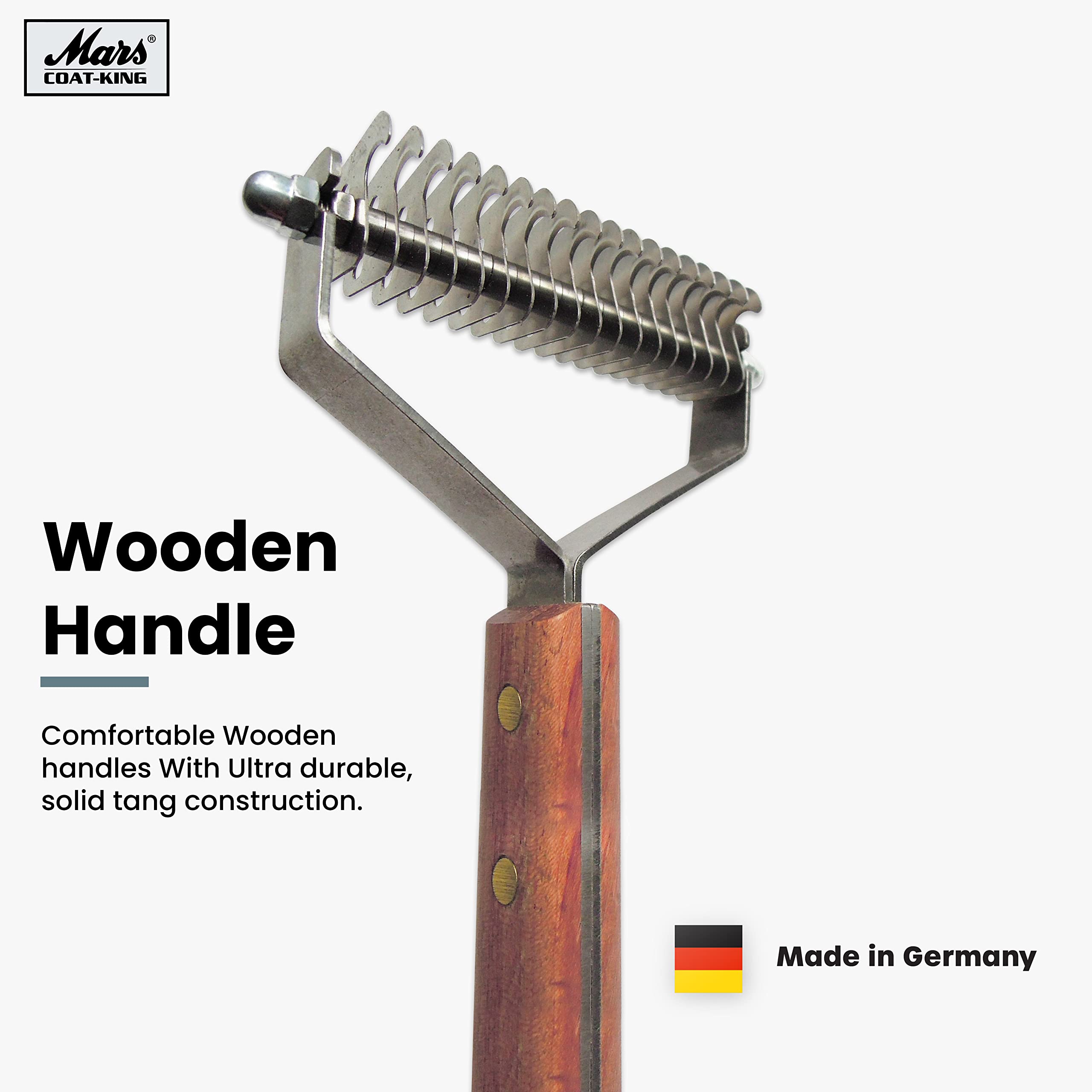 Mars Coat King Double Wide De-Matting Rake Tool for Dogs & Cats, 18-Blade Stainless Steel with Wooden Handle, Grooming Essential