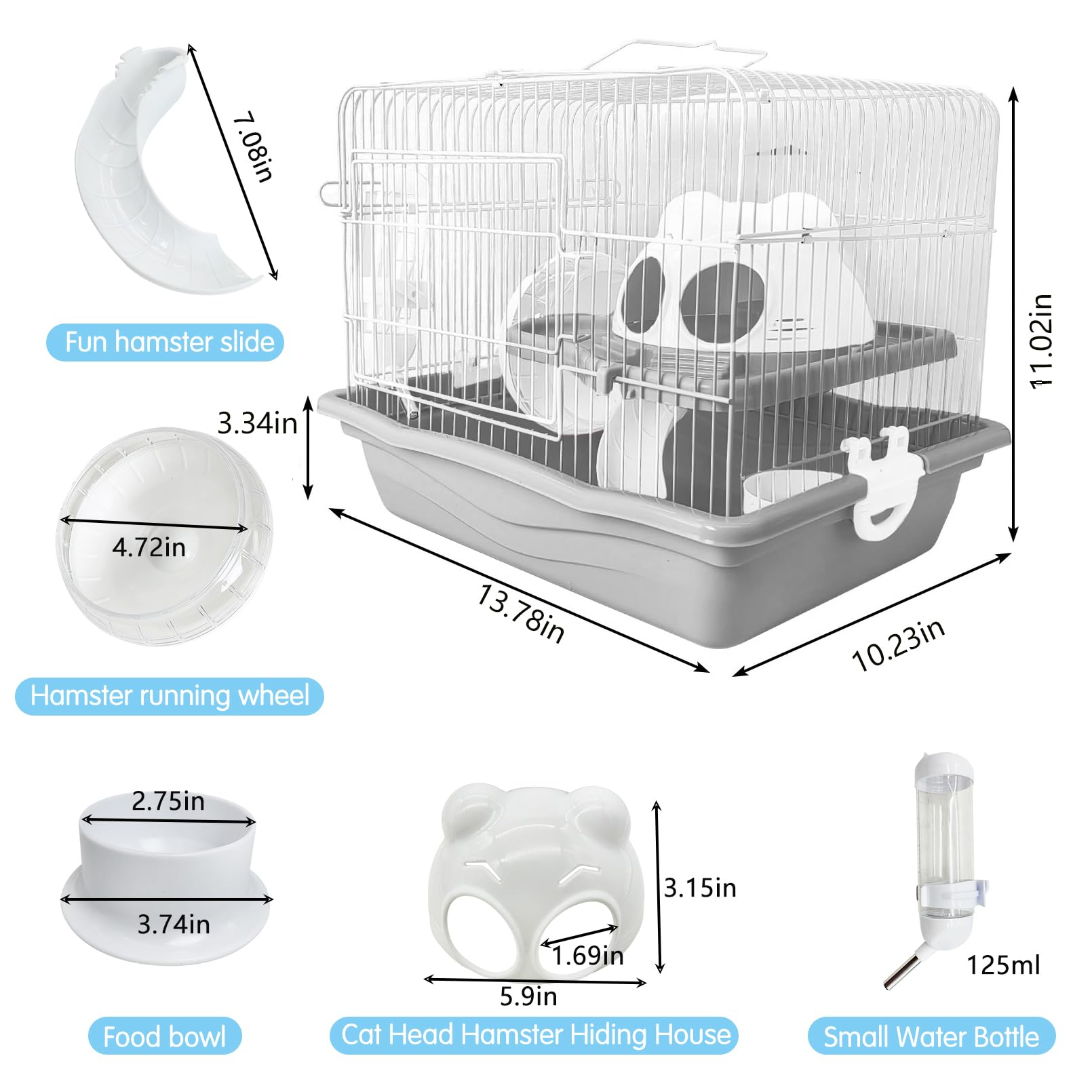Pinvnby Dwarf Hamster Cage, Small Animal Cages, 2-Tier Travel Portable Mouse Cage Hamster Carrier With Castle House Running Exer