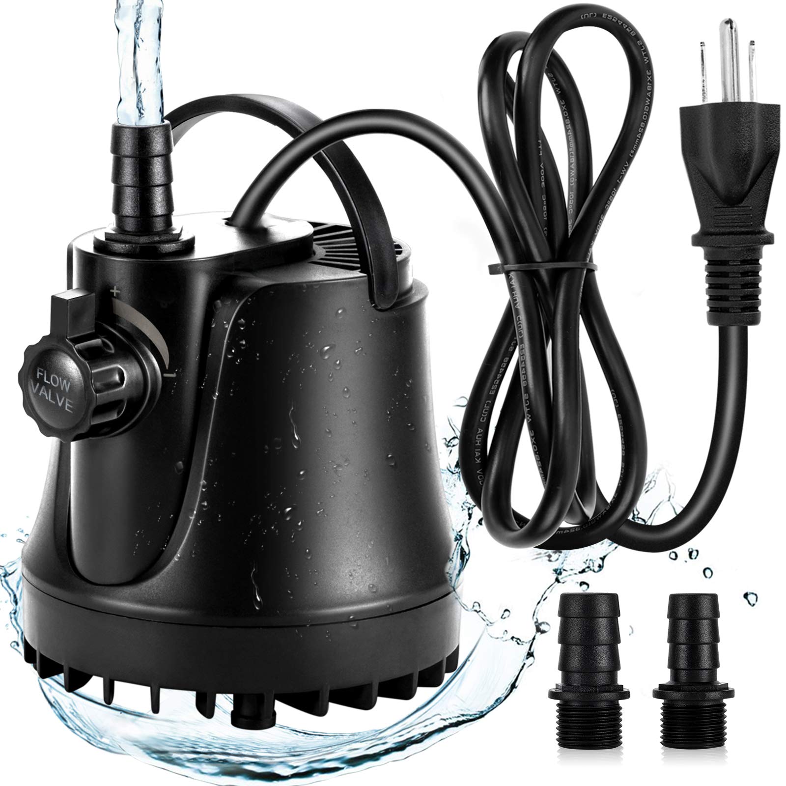Aqqa Submersible Water Pump,265-800Gph Aquarium Pump Ultra-Quiet Fountain Pump,Adjustable Flow Rate With High Lift,2 Nozzles 6Ft Power Cord For Aquarium,Fish Tank, Pond, Hydroponics (15W 265Gph)