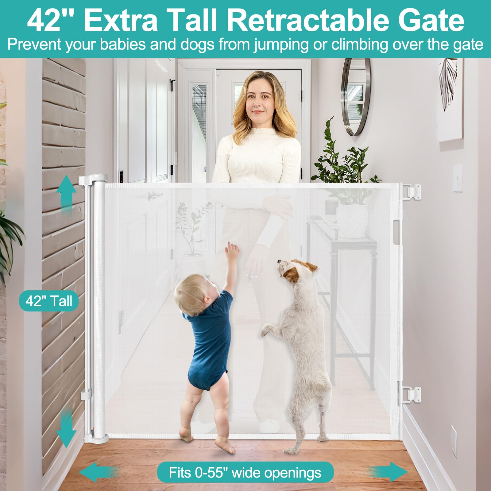 42 Inch Extra Tall Retractable Baby Gate - 55'' Wide, Extra Tall Dog Gate for Doorway