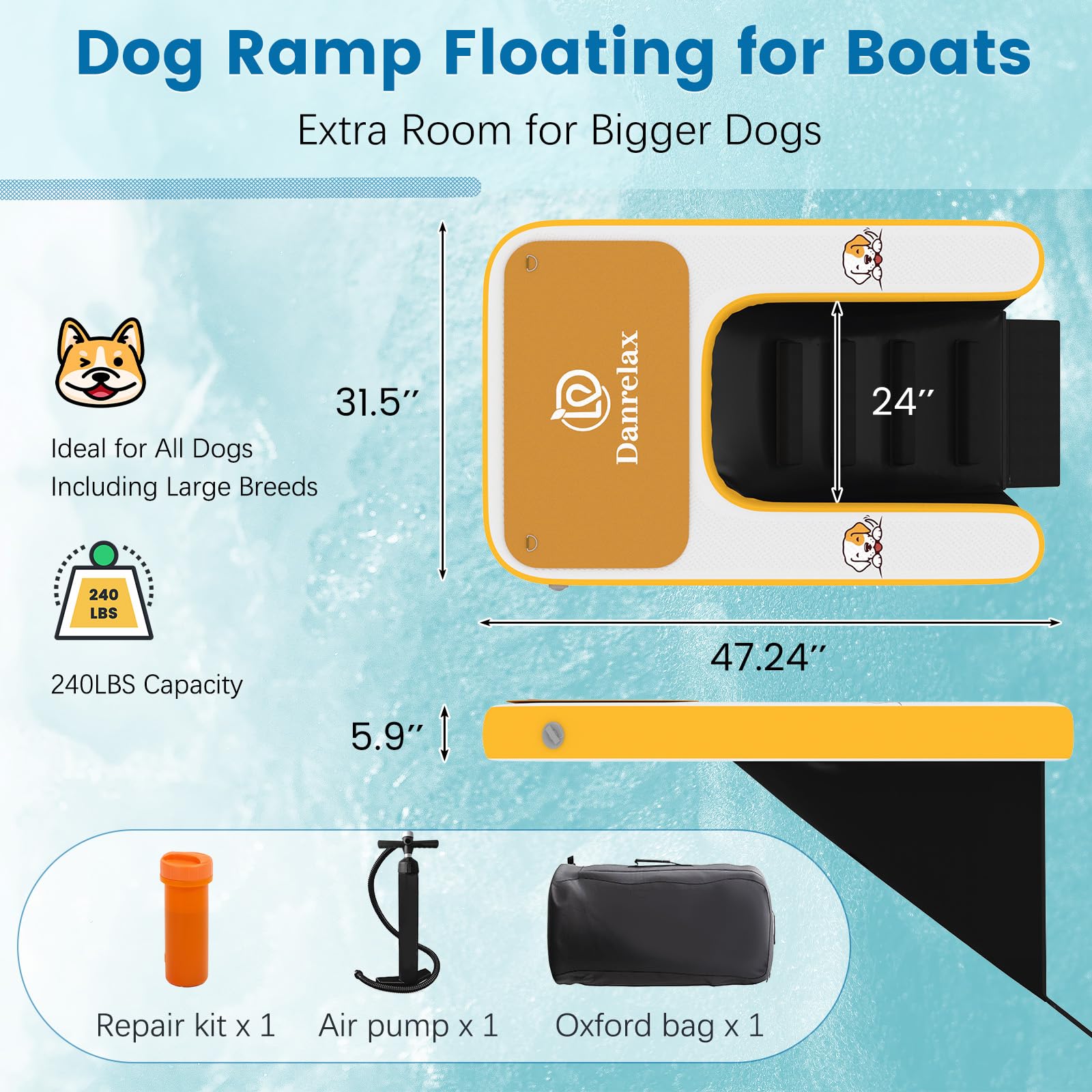 Danrelax Inflatable Dog Boat Ramp, 47' L X 32' W X 6' H Perfect For Mid-Sized Pets Up To 220 Lbs, Boat Water Ladder With Claw
