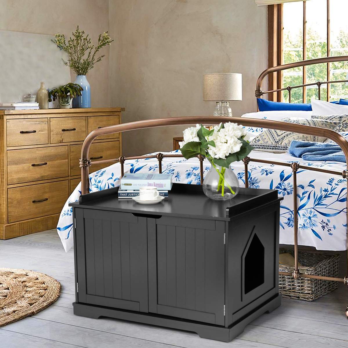 Tangkula Litter Box Enclosure, Cat Litter Box Furniture Hidden, Nightstand Pet House With Double Doors, Indoor Decorative Cat Box Cabinet, Cat Washroom Storage Bench For Large Cat Kitty