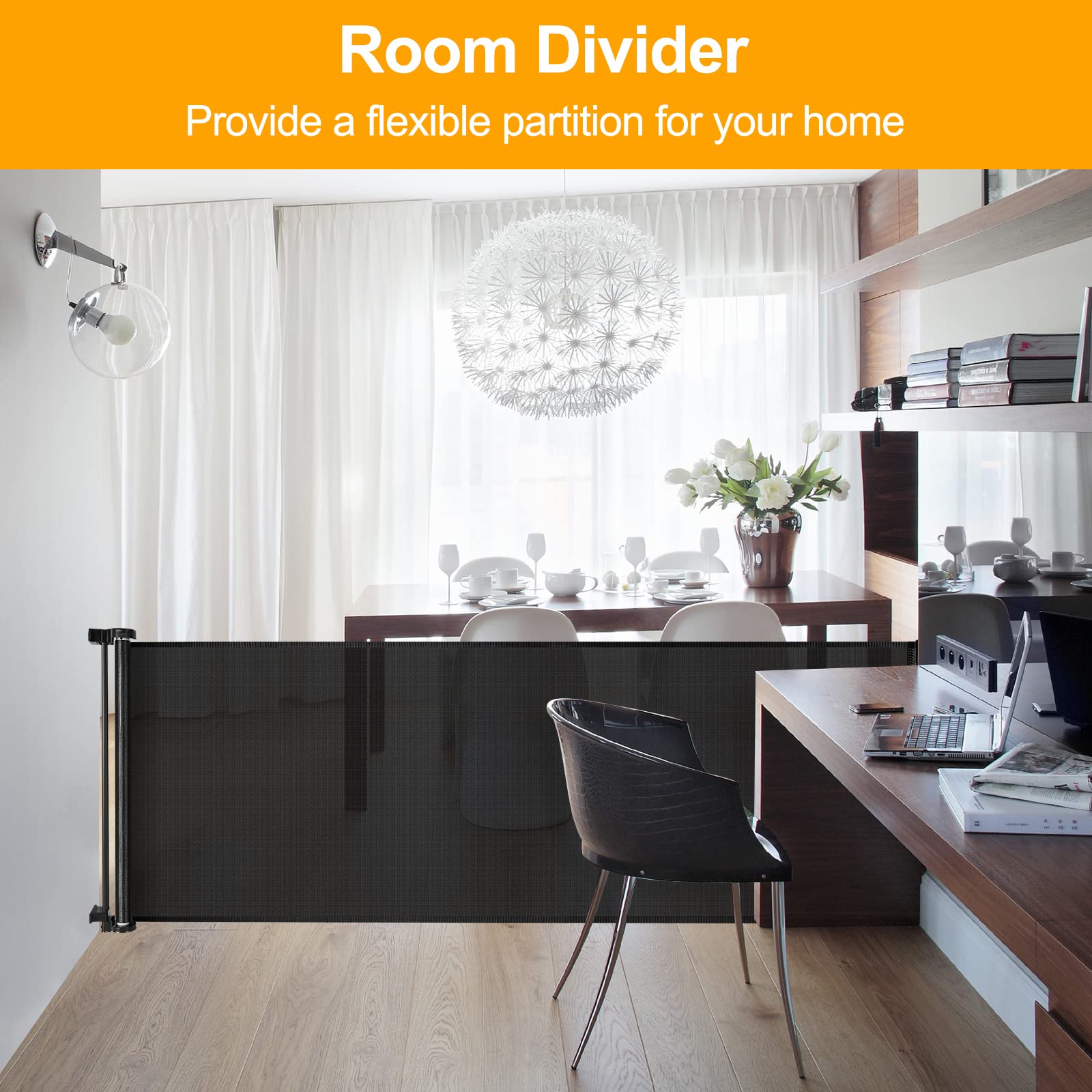 Womhom 100 Inch Extra Wide Baby Gate For Large Opening Retractable Baby Gates For Dogs Indoor Safety Gate Dog Gates For The House Extra Long Baby Gate For Stairs Outdoor Mesh Large Pet Gate (Black)