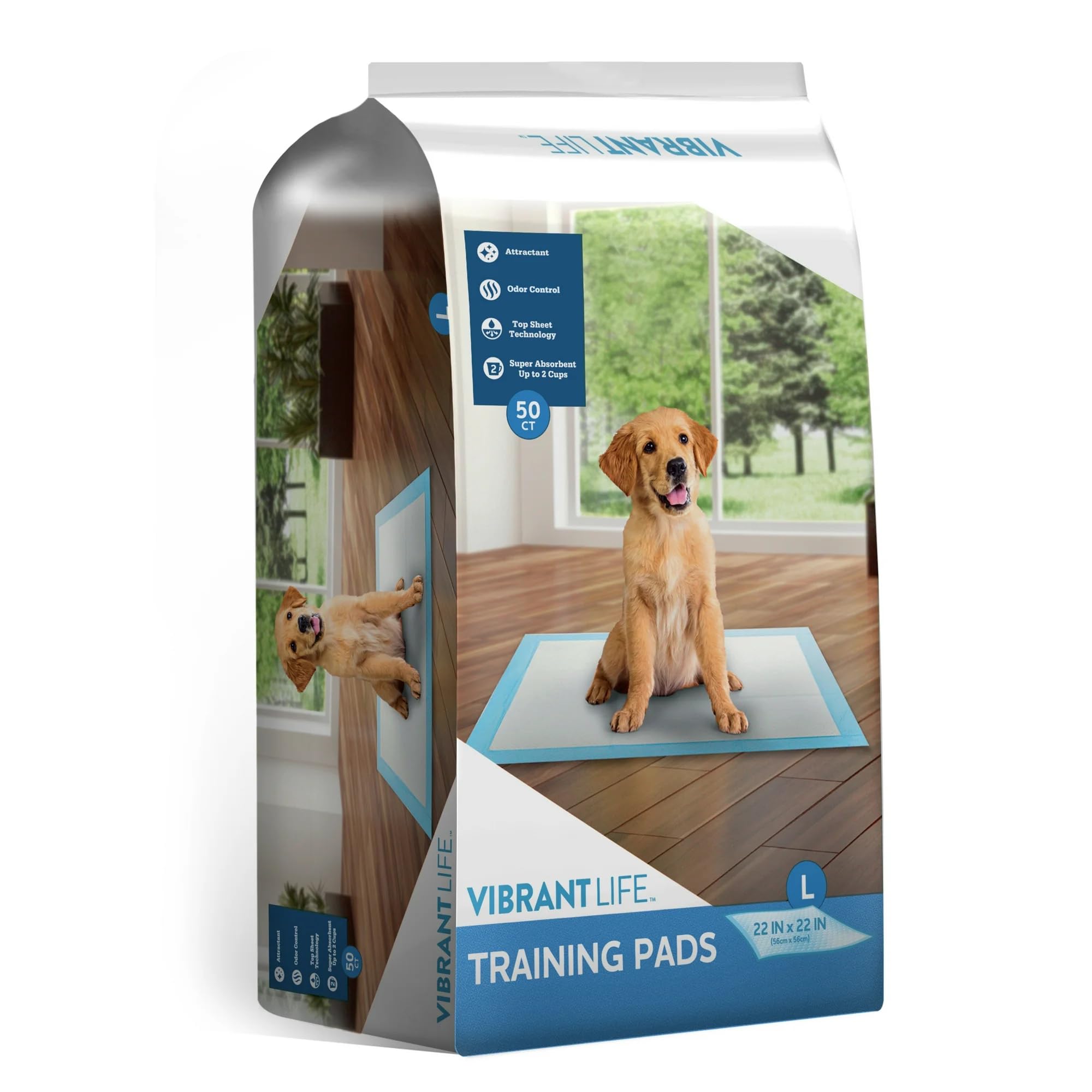Vibrant Life Large Dog & Puppy Training Pads, 22 in x 22 in, Absorbent, Leak-Proof, Disposable, Odor Control, Built-in Attractan