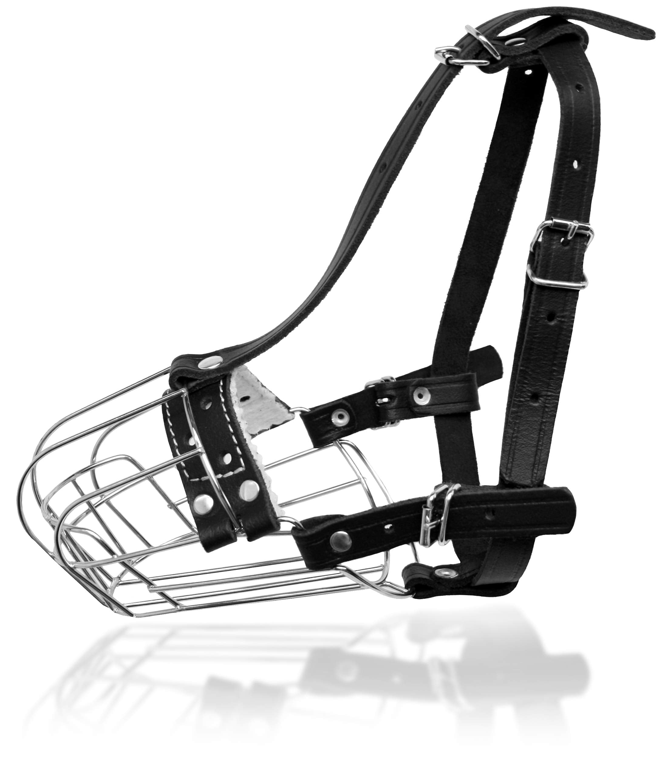 Dog Chrome Metal Muzzles Wire Basket Adjustable Leather Straps (#4) Circumference Is 9.4-11 In, Length Is 3.1-3.5 In