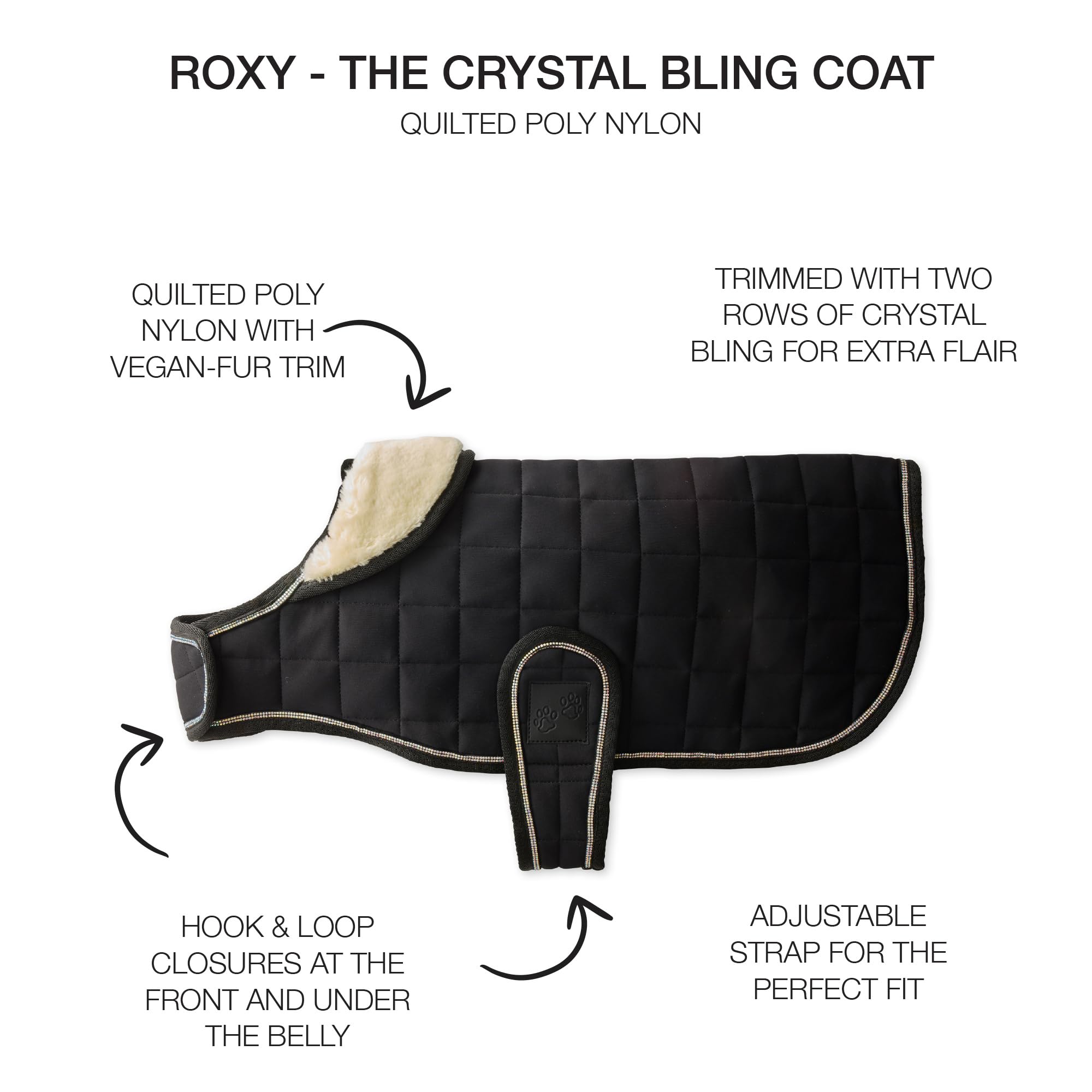 Pet Passion Quilted Dog Coat Pet Jacket With Crystal Bling For Small, Medium And Large Dogs, Black, X-Small