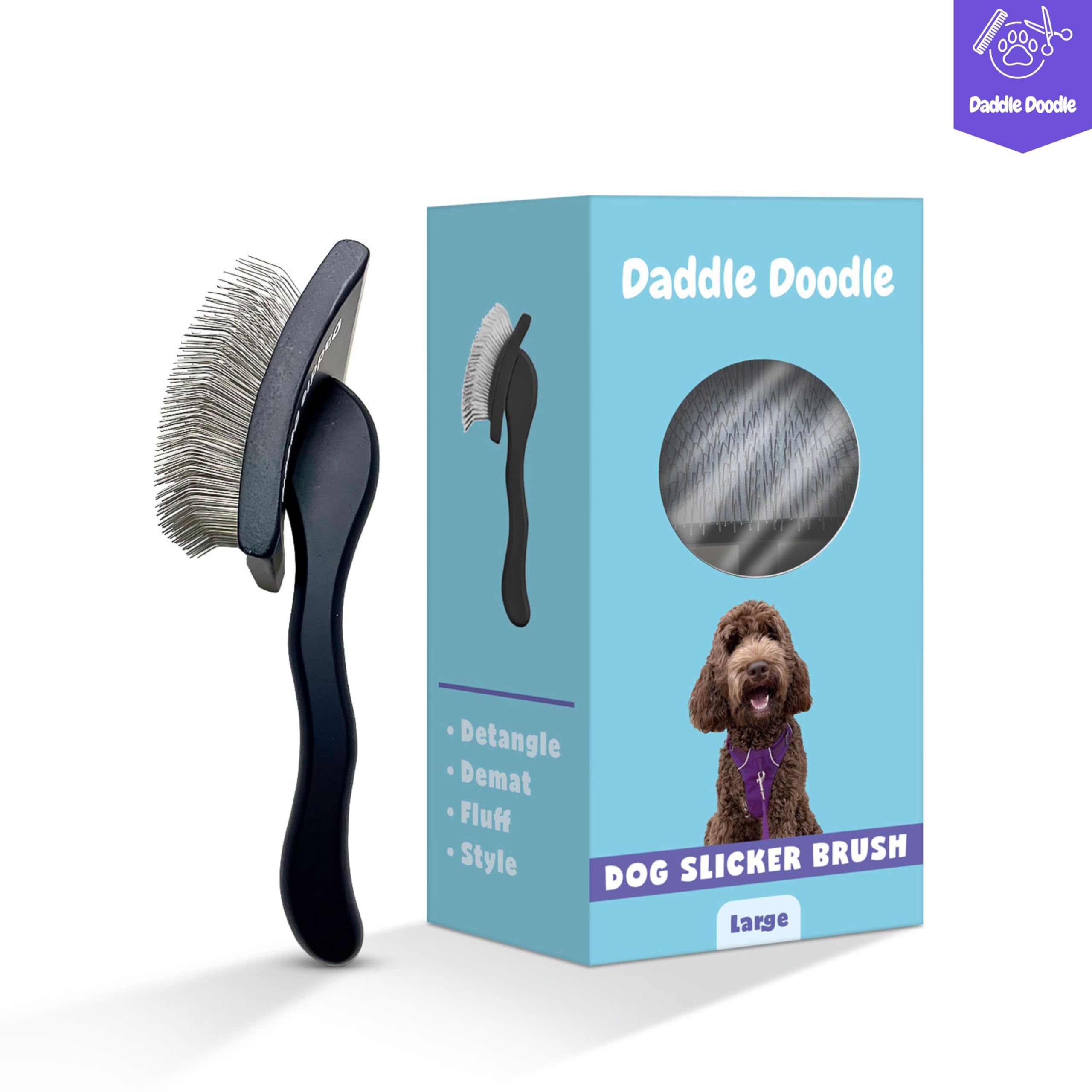 Daddle Doodle Dog Slicker Brush - Dog Grooming Brush Especially Designed For All Poodles And Doodle Mixes – Fluff, Style, Detangle, And Demat – Ergonomic Handle Design – Soft And Angled Brush Pins