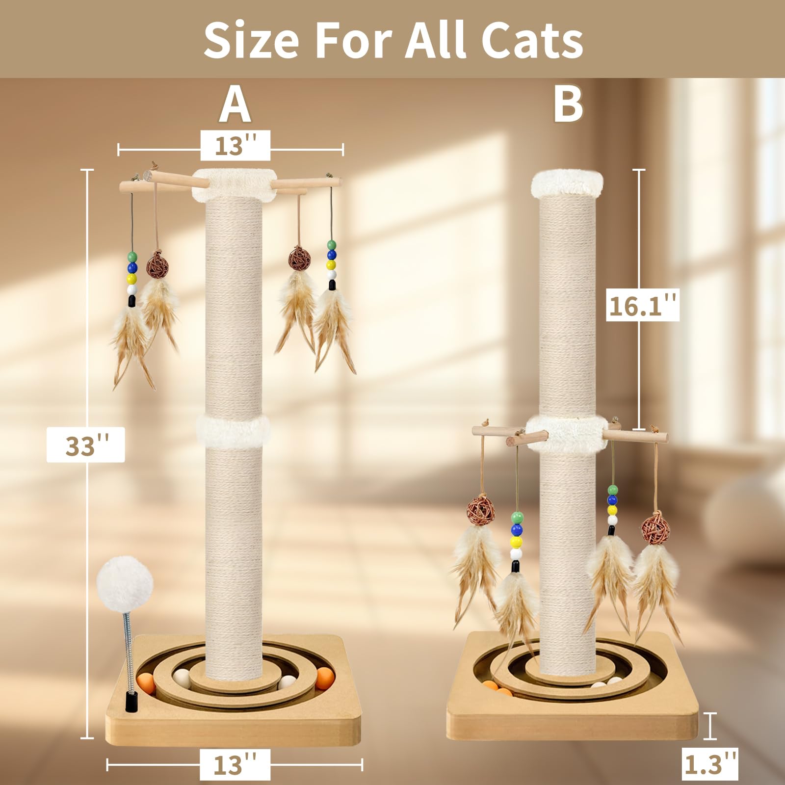 Tall Cat Scratching Post, 33 Inches, Sisal, Interactive Furniture Toys For Indoor Cats Adults, 2 Mounting Methods Large Scratche