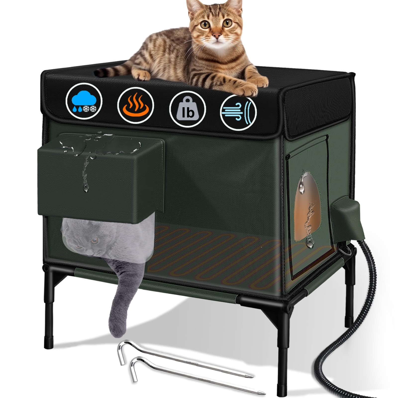 Lublacet Heated Cat House, Insulated & Waterproof, Adjustable Awning, Escape Door, Indoor/Outdoor, Dark Green, 13''X17''X20''