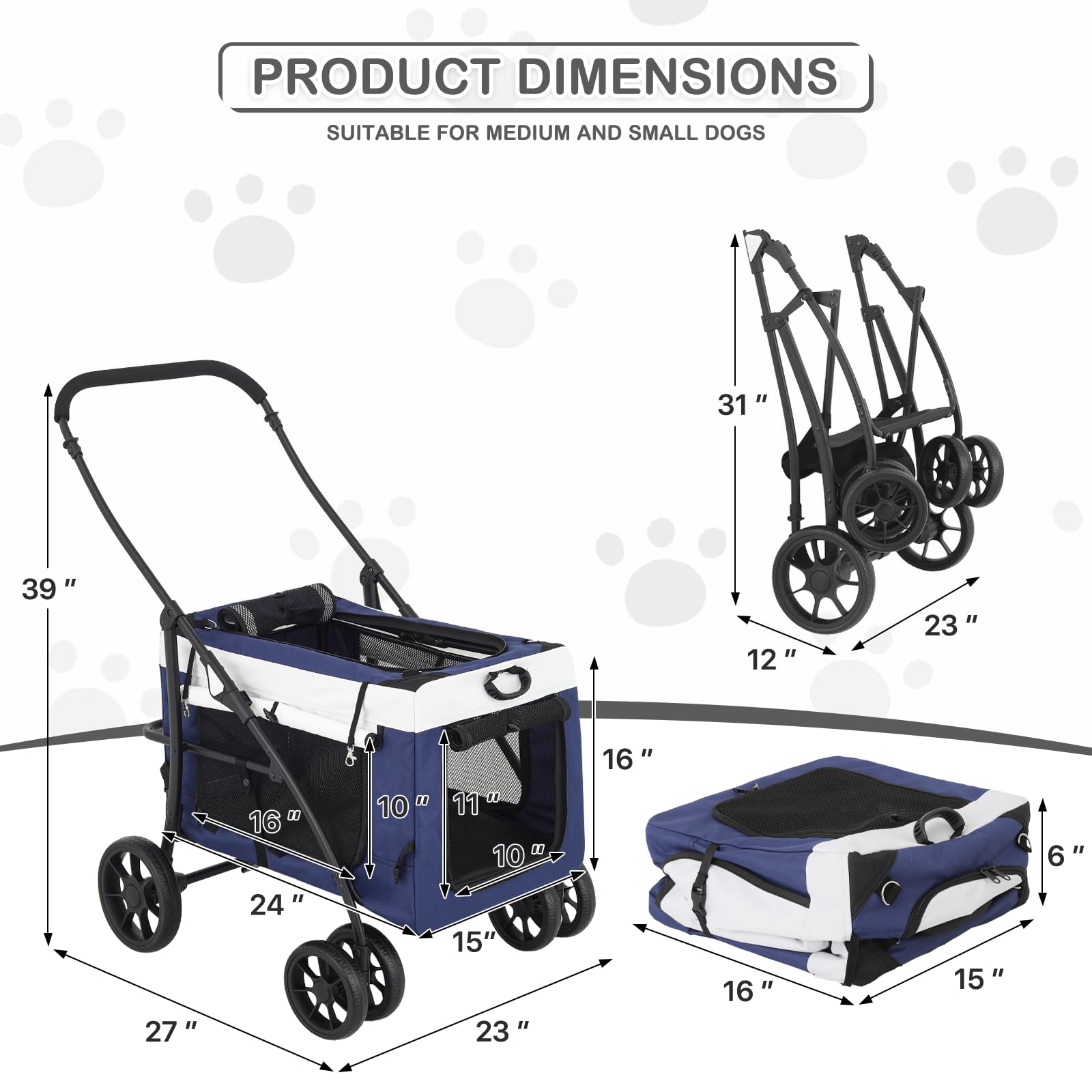 Monibloom Dog Cat Stroller For Dogs Cats, 4 Wheels Pet Stroller Jogger W/Detachable Carrier, Travel Strolling Cart, Soft Collaps