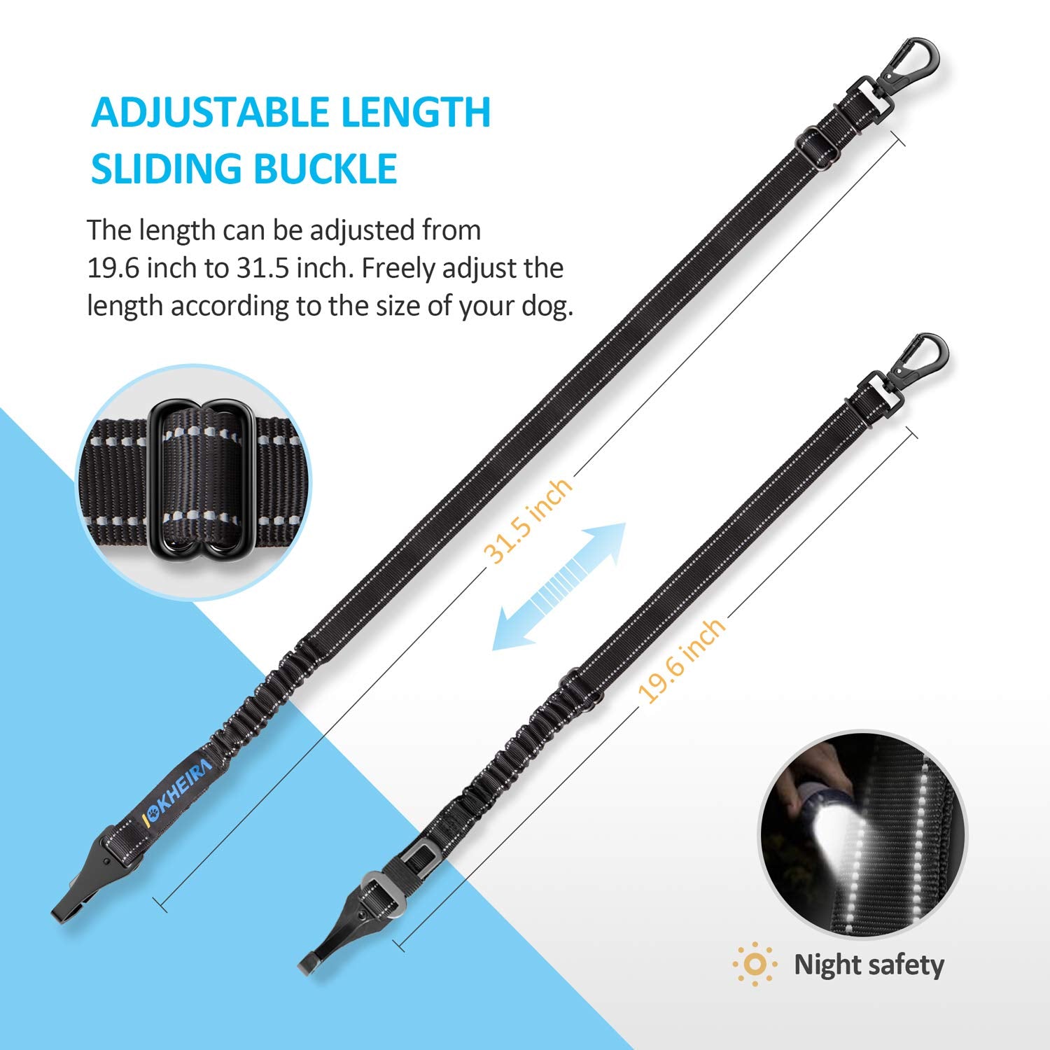 IOKHEIRA Dog Seat Belt 3-in-1 Car Harness, Adjustable Safety Nylon, Reflective Bungee Tether with Clip Hook, Buckle & Zinc Alloy Carabiner, Black