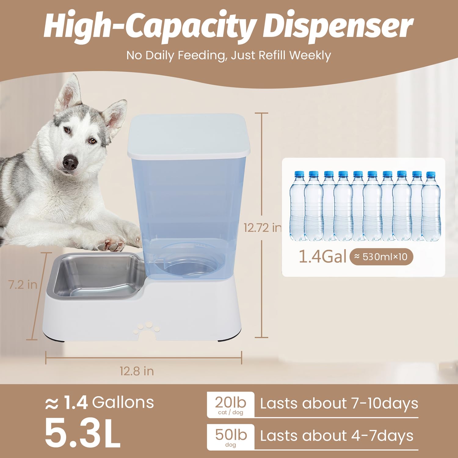 Leefele Automatic 5.4L/1.4Gal Pet Waterer, Pet Automatic Dog Water Dispenser Gravity Stainless Steel Water Feeder, Large Capacit