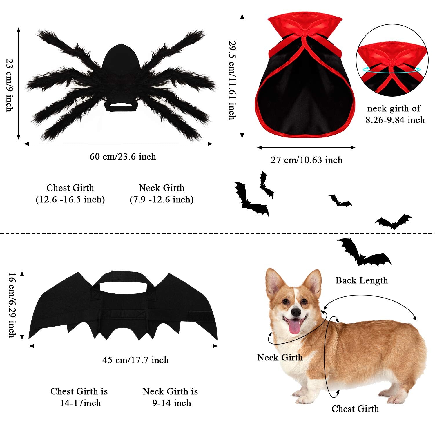 3 Piece Halloween Cat Dog Costume Set, Pet Bat Witch Vampire Cloak Giant Imitation Pet Spider Pets Costume Cosplay Accessories Halloween Pets Decoration For Dogs Puppy Cats (Red, S)