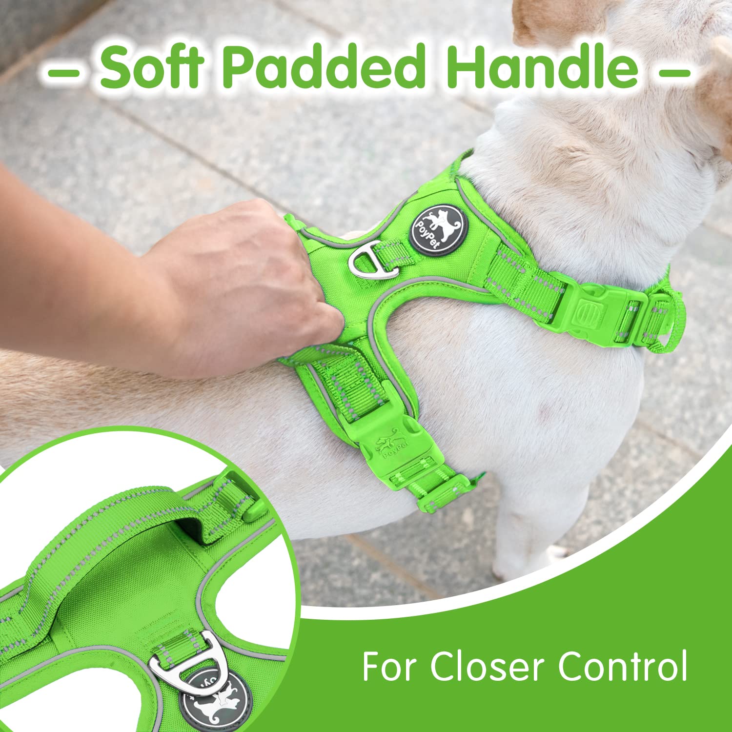 Poypet No Pull Dog Harness And 5 Feet Leash Set, Release On Neck Reflective Adjustable Pet Vest, Front & Back 2 D-Ring And Soft Padded Pet Harness With Handle For Small To Large Dogs(Green,L)
