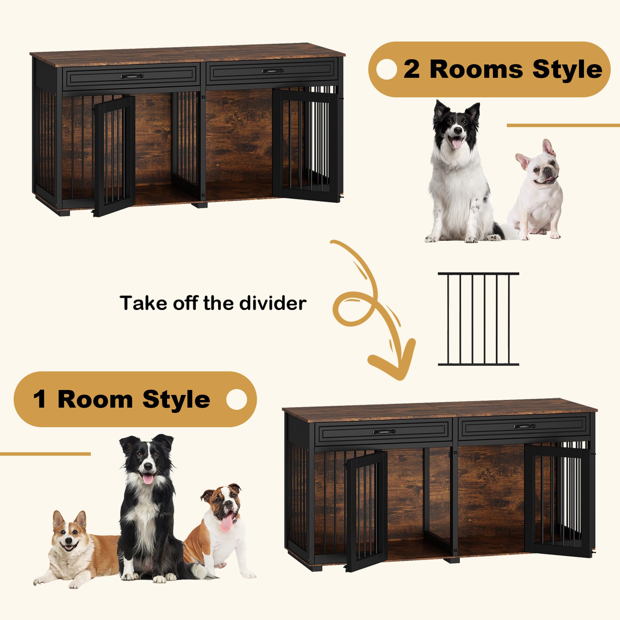 DAWNSPACES Extra Large Dog Crate Furniture, 93 Inch Heavy Duty Wooden Dog Kennel with Drawers & Removable Divider, Indoor Furnit