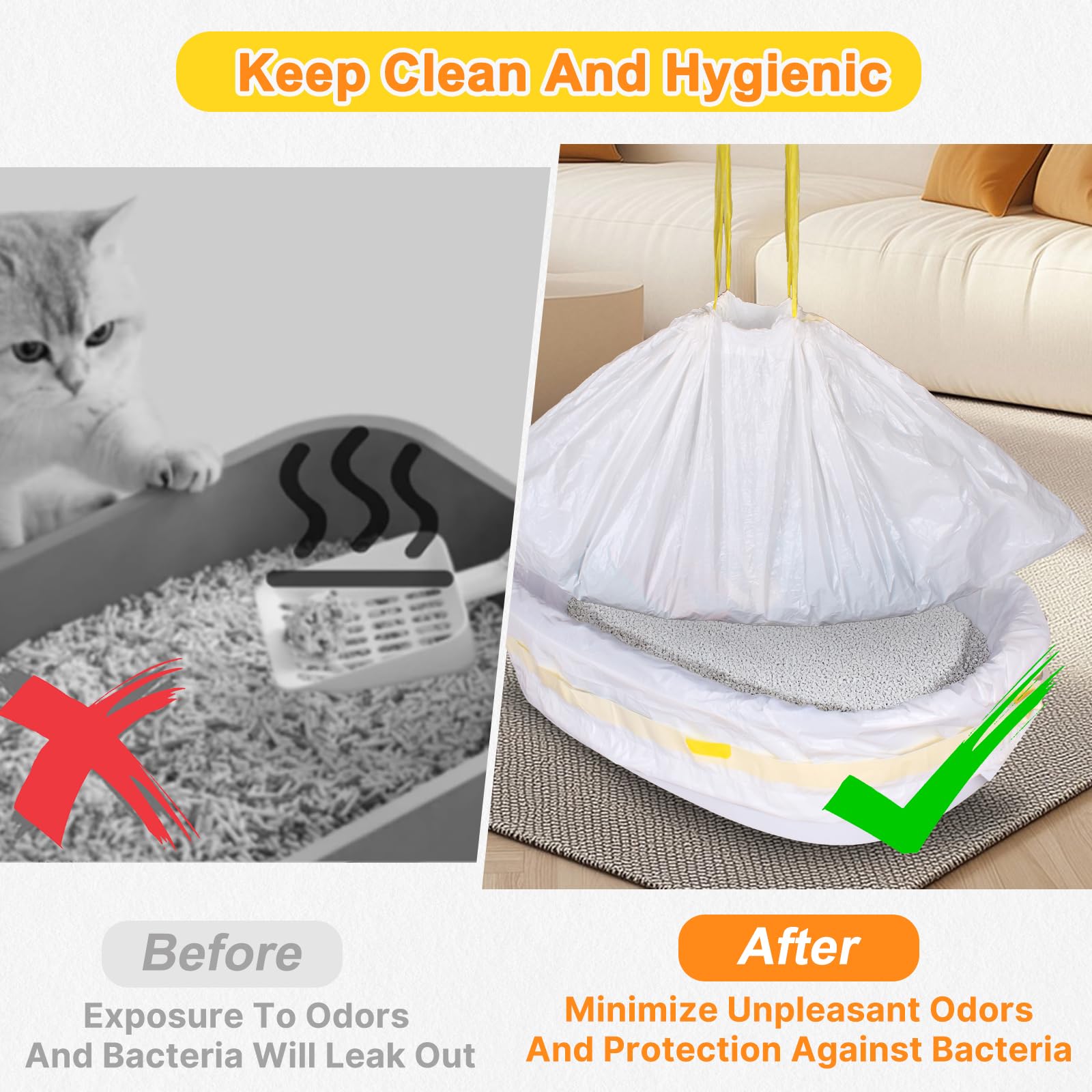 Lanswood 50 Count Yellow Cat Litter Bags, 36x18 Tear Resistant Durable Drawstring Liners for Extra Large Litter Boxes