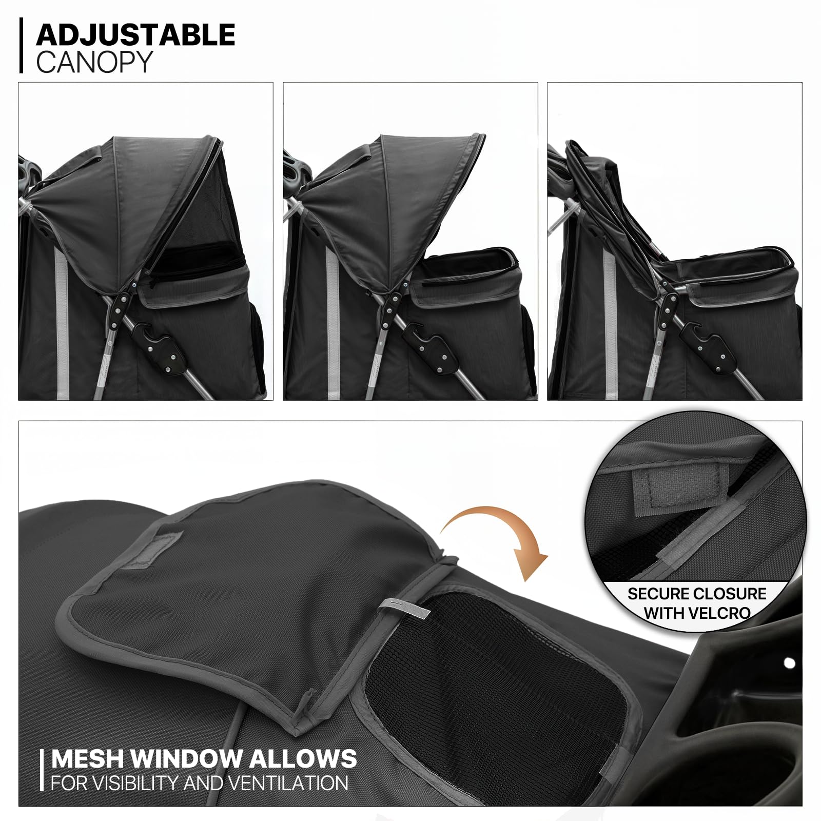 Monibloom Foldable Pet Stroller With Weather Cover, 3 Wheels Pet Strolling Cart For Small/Medium Dogs And Cats With Storage Basket And Cup Holder, Breathable And Visible Mesh For All-Season, Black
