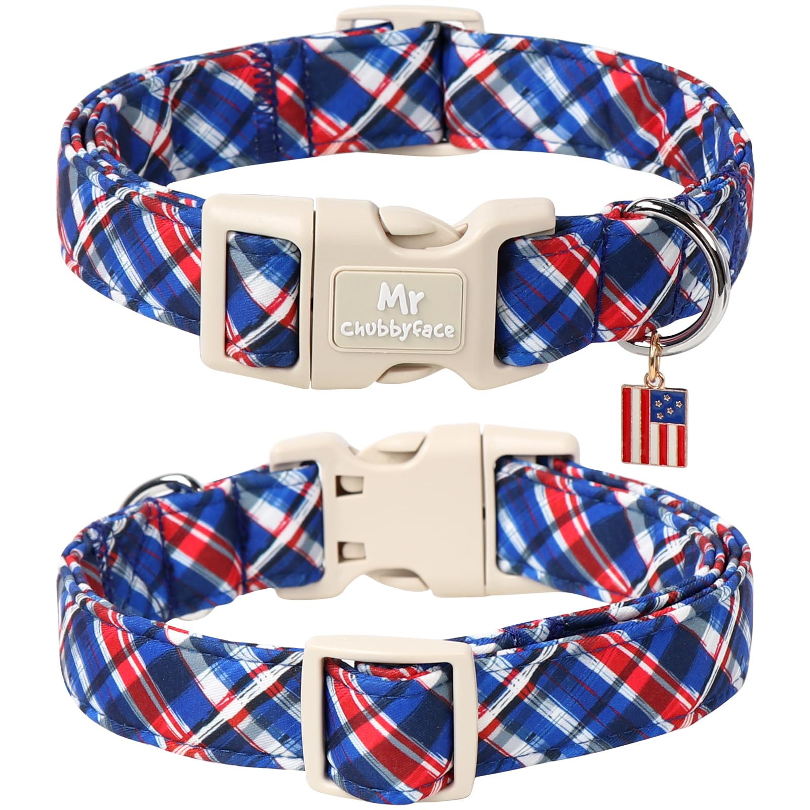 Mr.Chubbyface Plaid Cotton Dog Collar, Soft Checkered Patriotic Puppy Pet Collar With Plastic Buckle, Adjustable 4Th Of July Pet