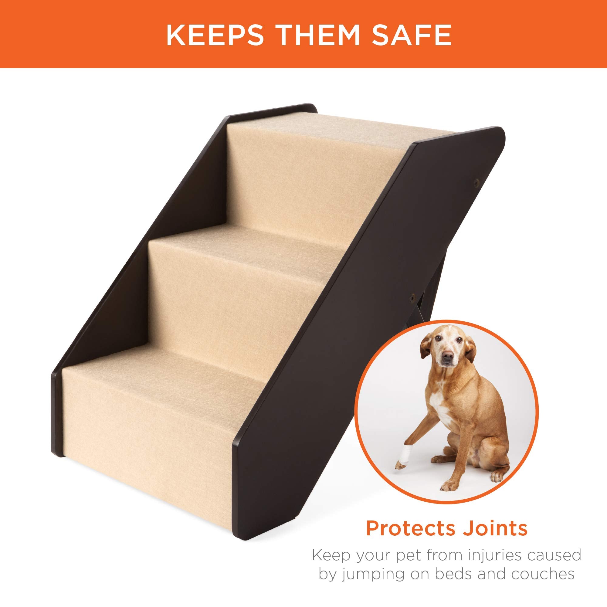 Best Choice Products 3-Step Foldable Adjustable, Non-Slip Wide Wooden Pet Stairs For Living Room, Bedroom, Dog & Cat Sizes Small, Medium, Large W/Carpet, No Assembly, Ideal For Injured, Elderly Pets