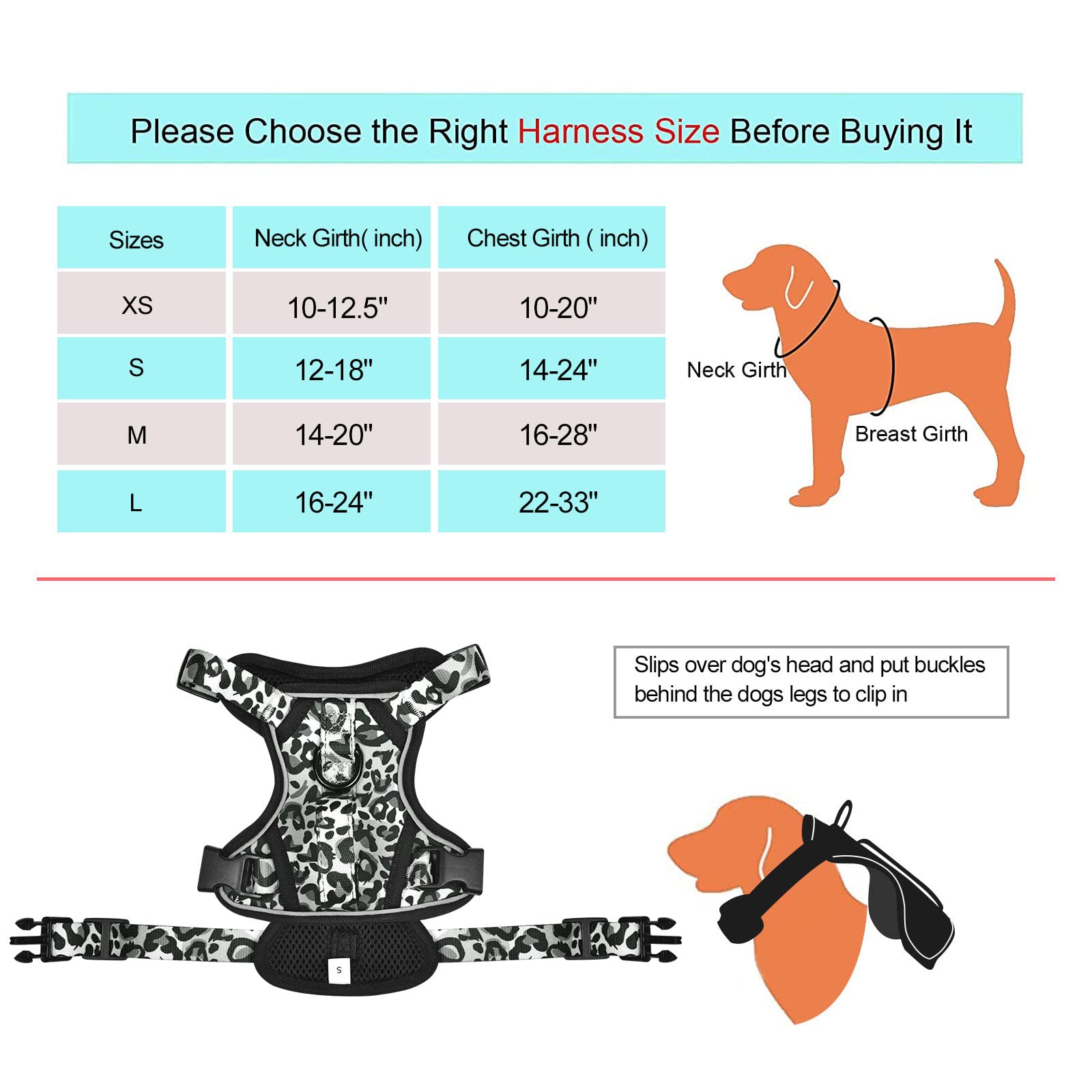 Petmolico Dog Harness For Medium Dogs No Pull, Cute Dog Harness With Two Leash Clips And Soft Handle, Reflective Easy Walk Dog Harness With Leash, Gray Leopard Medium