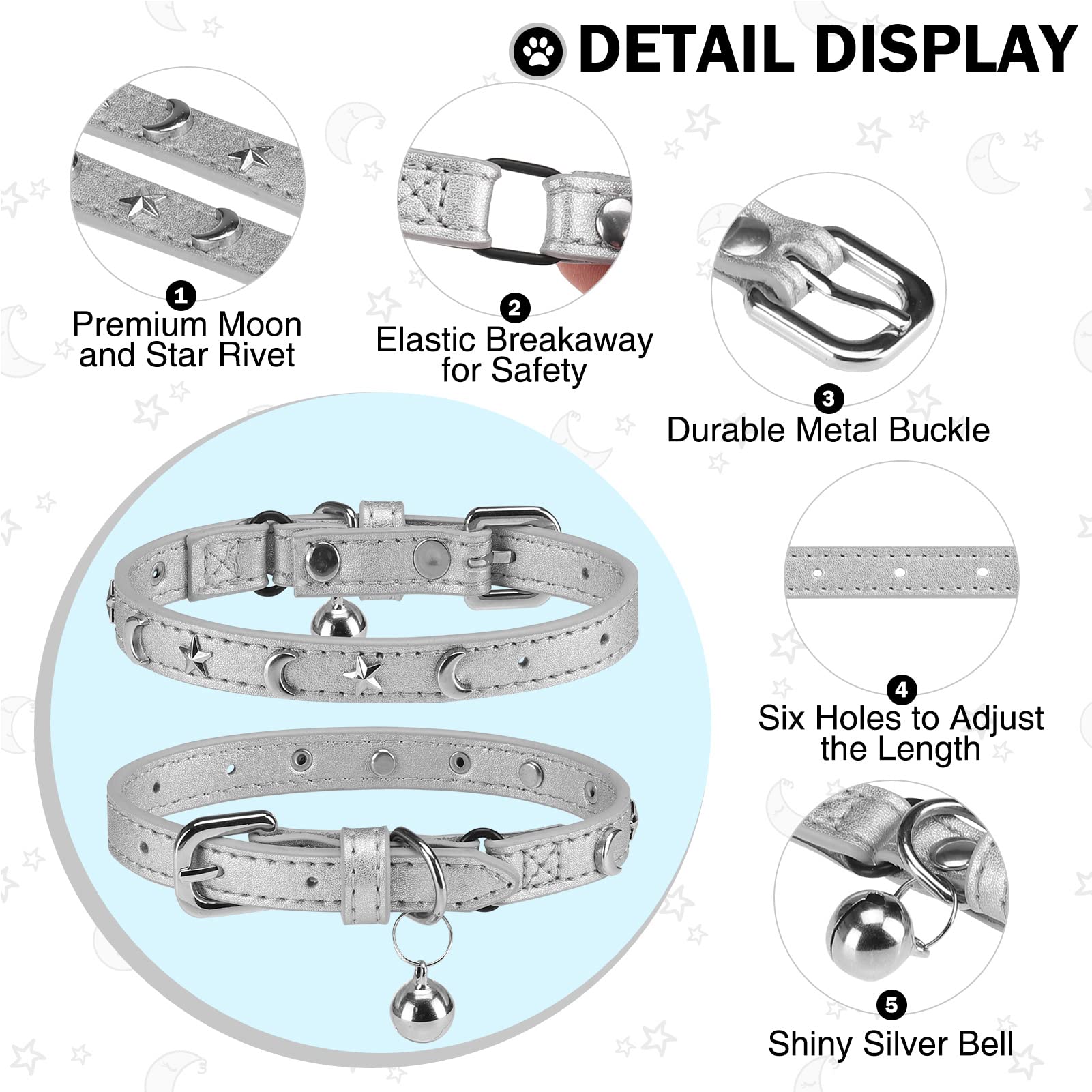Dillybud Leather Cat Collars For Boy Girl Cats With Bell And Safety Elastic Belt, Personalized Star And Moon Stud Adjustable Saf