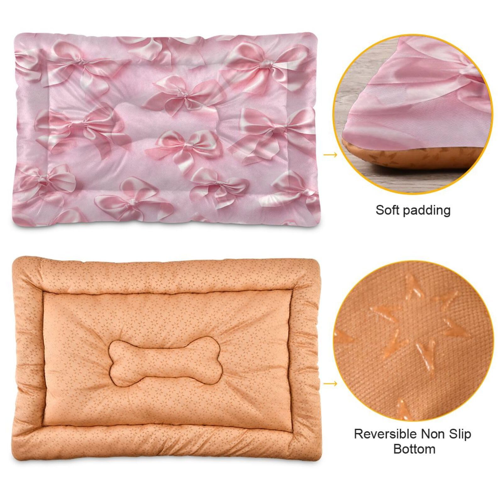 Coikll Pink Bows Pet Bed Pad Soft Dog Bed Mat With Anti-Slip Bottom, Machine Washable Crate Pad Mattress For Dog Sleeping- 36 *