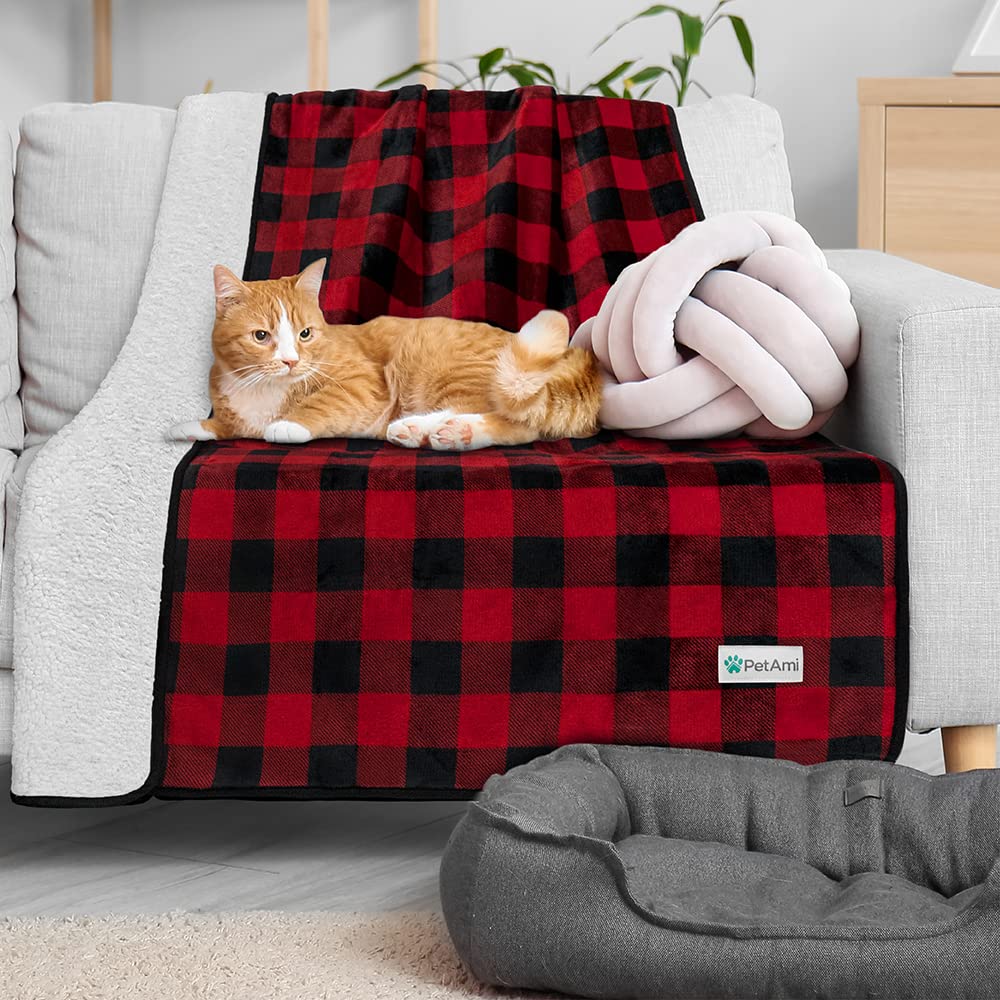 Petami Waterproof Dog Blanket For Large Giant Dogs, Pee Proof Pet Blanket Sherpa Fleece Crate Cover, Reversible Cat Throw Bed Kennel Protector, Soft Plush Washable Pad (Queen 90X90, Checker Red)