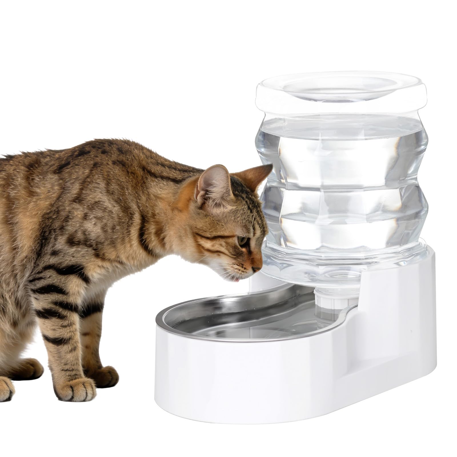 RIZZARI Gravity Water Bowl Dispenser: 4L Automatic Stainless Steel Water Feeder Without Filter - White Pet Waterer for Senior Do
