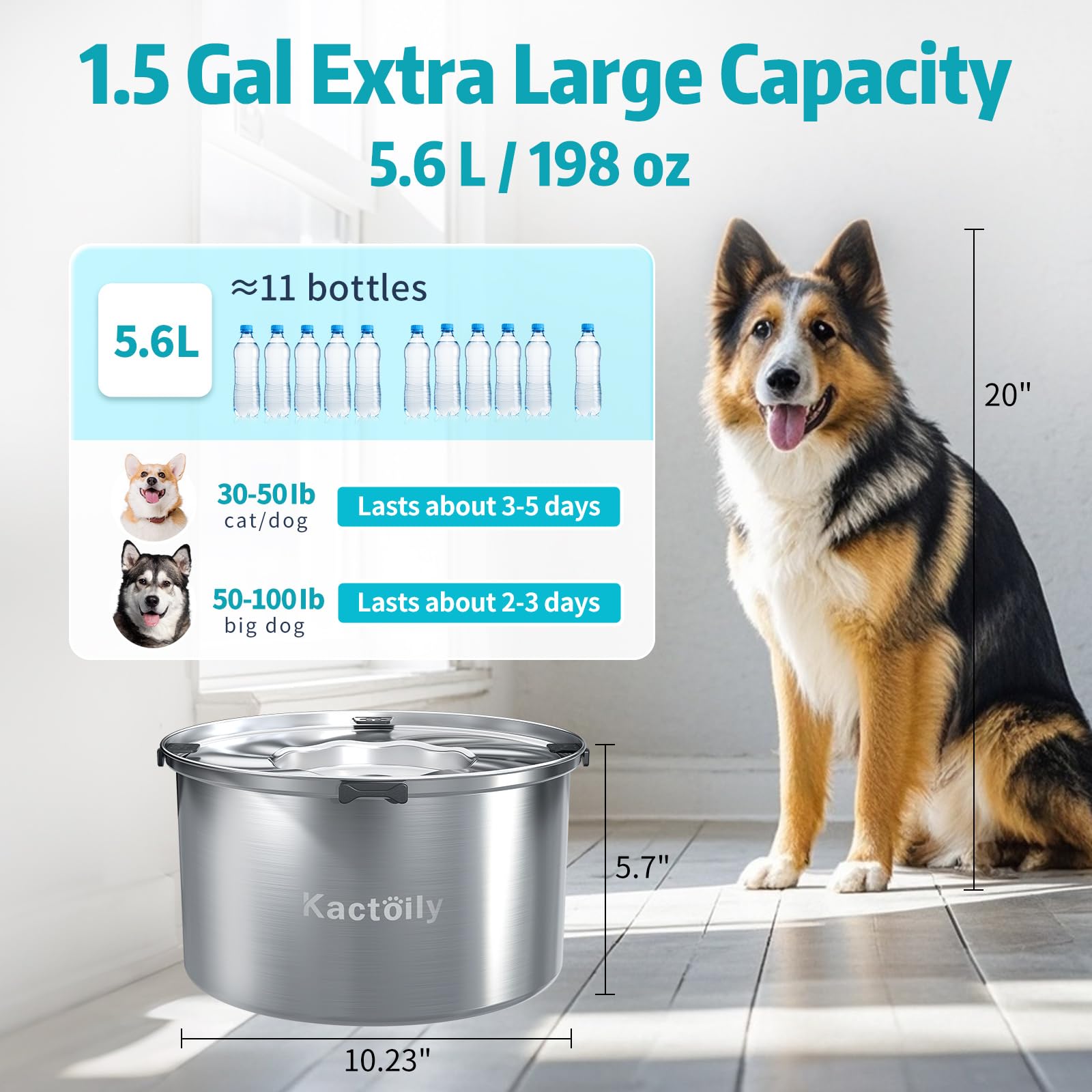 1.5 Gallon Dog Water Bowl No Spill, 5.6L Slow Water Bowl For Dogs, Slow Drinking Dog Water Bowl Dispenser, Stainless Steel Dog B