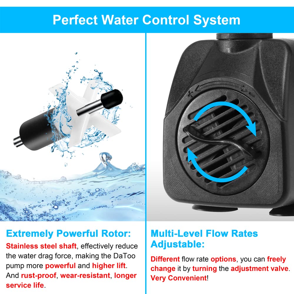 DaToo 160GPH 10W Submersible Water Pump Fountain Pump Ultra Quiet For Aquariums Fish Tank Pond Fountain Statuary Water Feature H