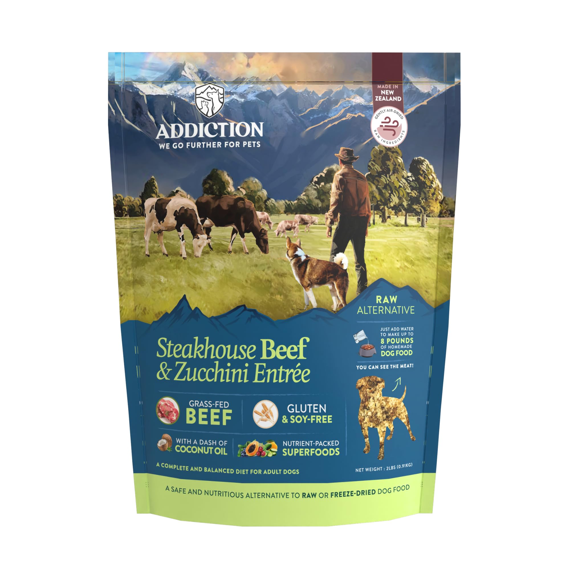 Addiction Steakhouse Beef & Zucchini Air-Dried Grain-Free Dog Food - Complete Meal or Topper with Natural Ingredients for Digest