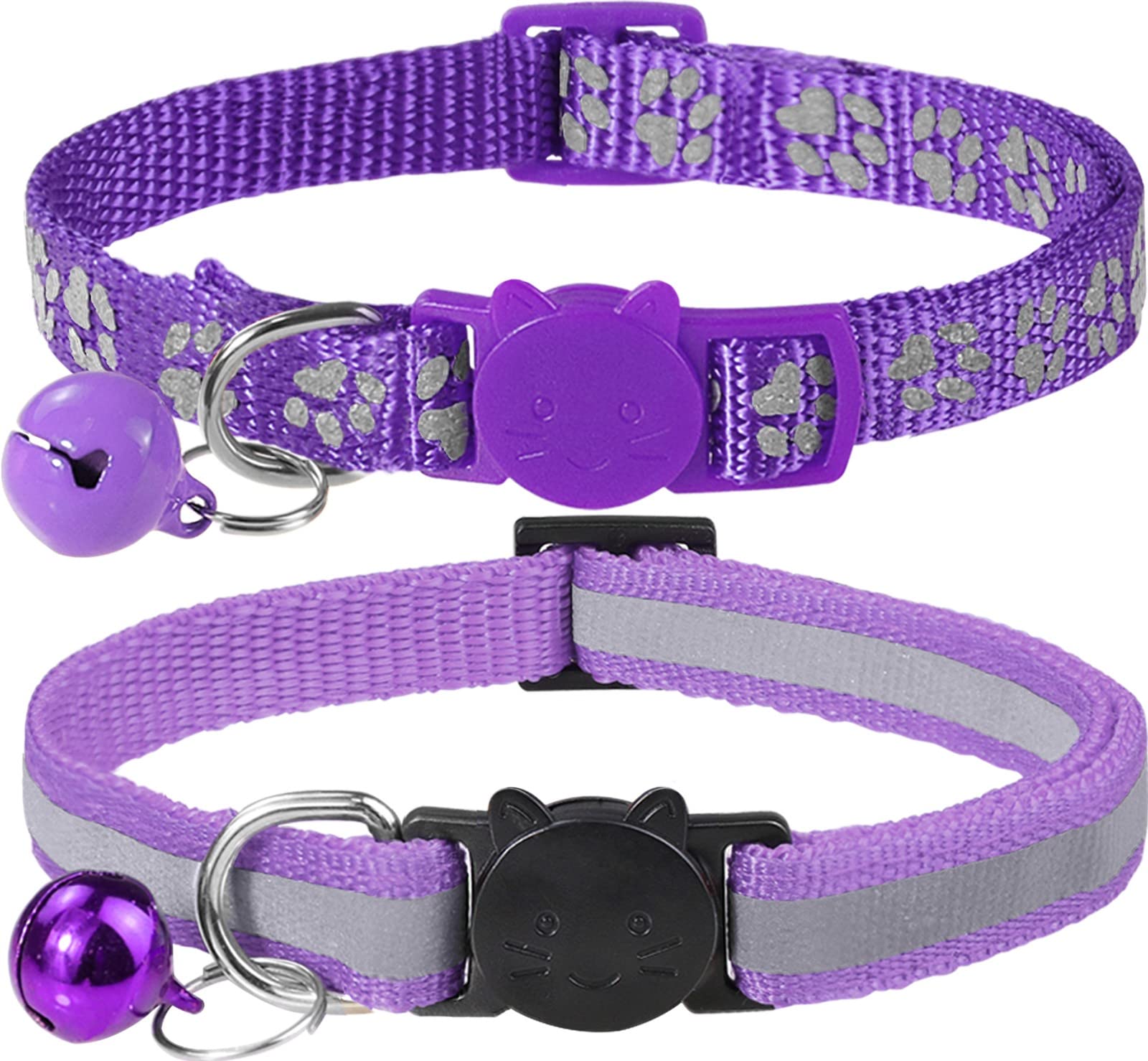 Taglory Reflective Cat Collars Breakaway With Bell, 2-Pack Girl Boy Pet Kitten Collar Adjustable 7.5-12.5 Inch, Purple
