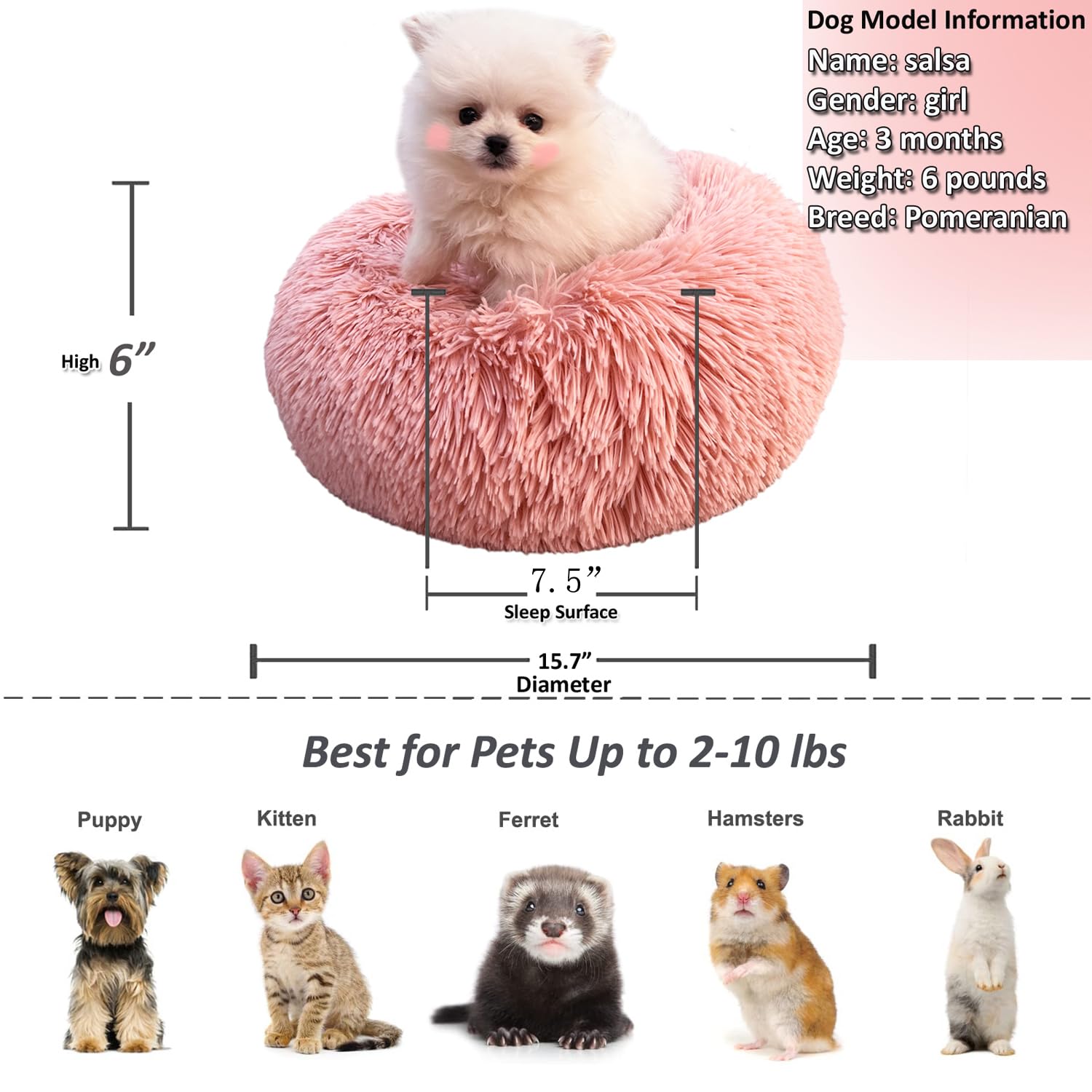 wrkfree Pink Puppy Bed 15 Inch Washable, Donut Soft Small Pet Bed,Calming Anti Anxiety Round Fits up to 5 lbs Warm Comfort Pets