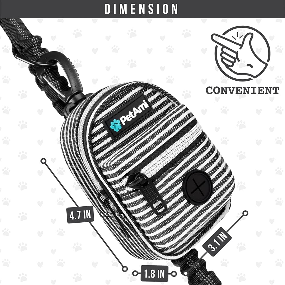 Petami Dog Poop Bag Holder | Dog Waste Bag Dispenser With Clip For Leash And Belt | Portable Fabric Doggy Waste Bag Holder For Walking Hiking Running Travel - With One Roll Of Dog Bag (Stripe Black)