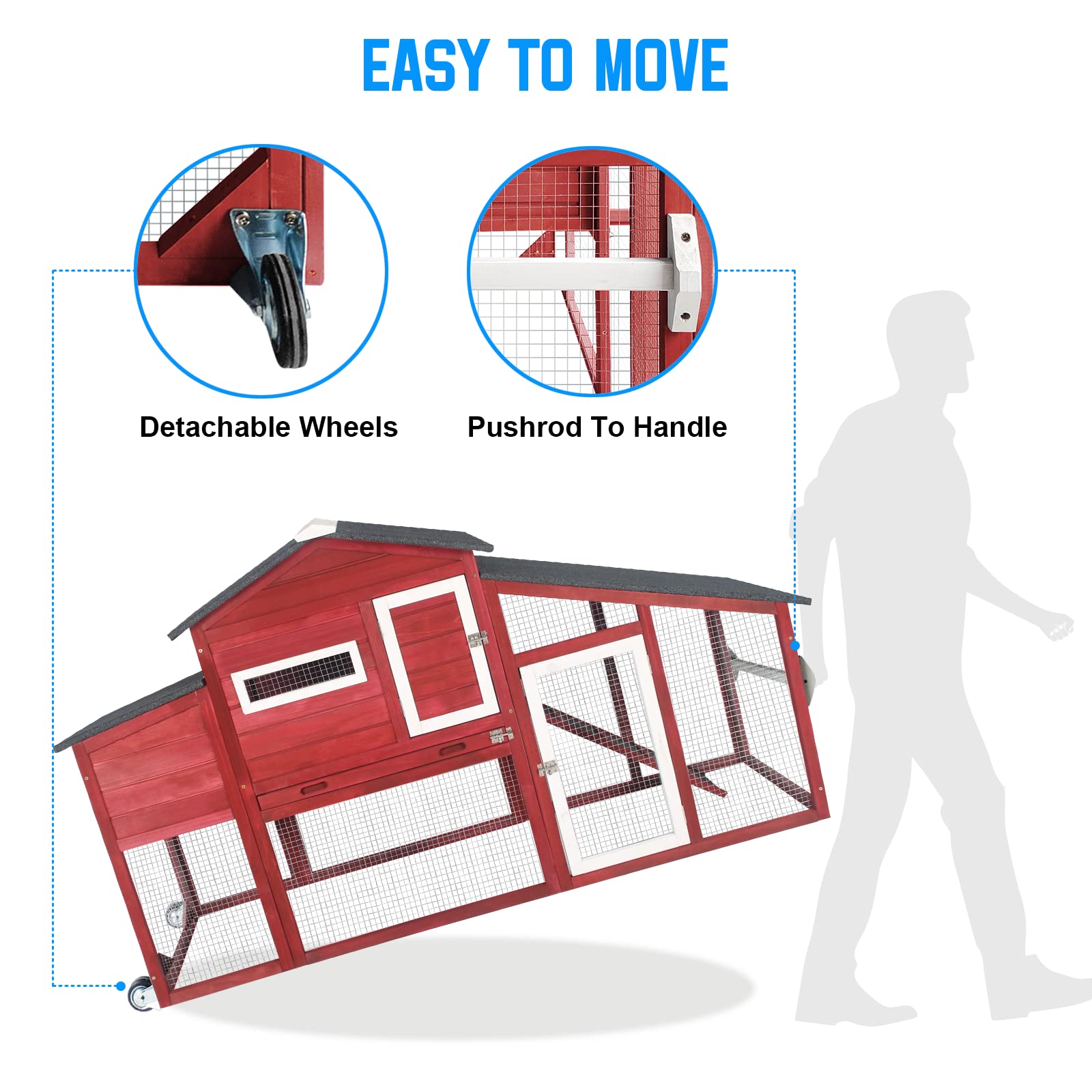 Chicken Coop and Run, Two Story Mobile Rabbit Hutch Indoor Outdoor, Wooden Hen House with Nesting Box Rabbit Cage on Wheels, Ram