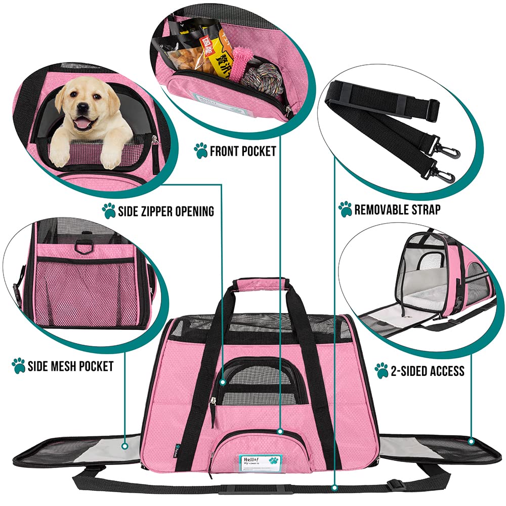 Petami Airline Approved Pet Carrier For Cat, Soft Sided Dog Carrier For Small Dogs, Cat Travel Supplies Accessories For Indoor Cats, Ventilated Pet Carrying Bag Medium Large Kitten Puppy, Large Pink