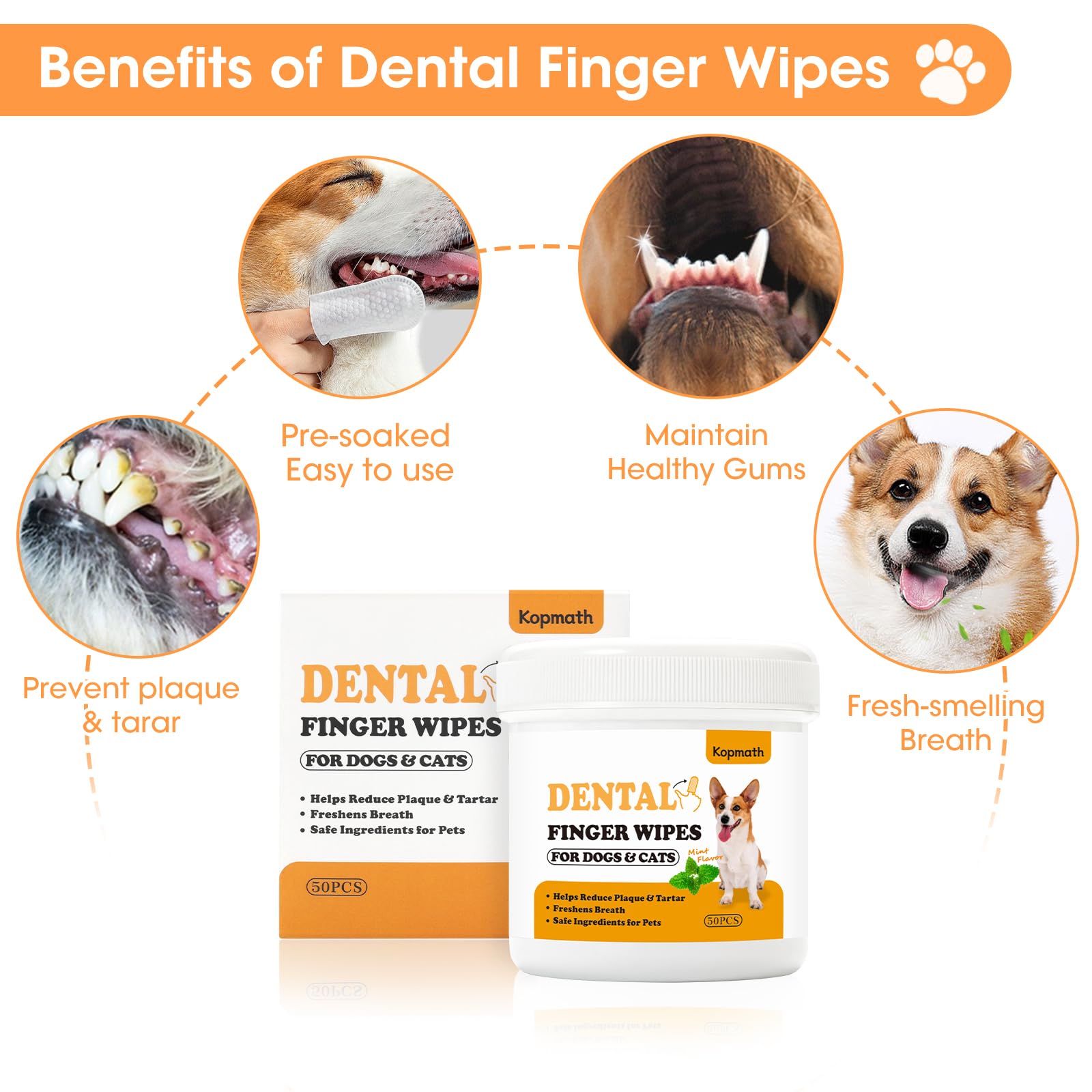 Kopmath Dental Care Finger Wipes For Dogs & Cats, Reduces Plaque & Tartar, Freshens Breath, Pre-Soaked Pet Teeth Wipes, Easy To