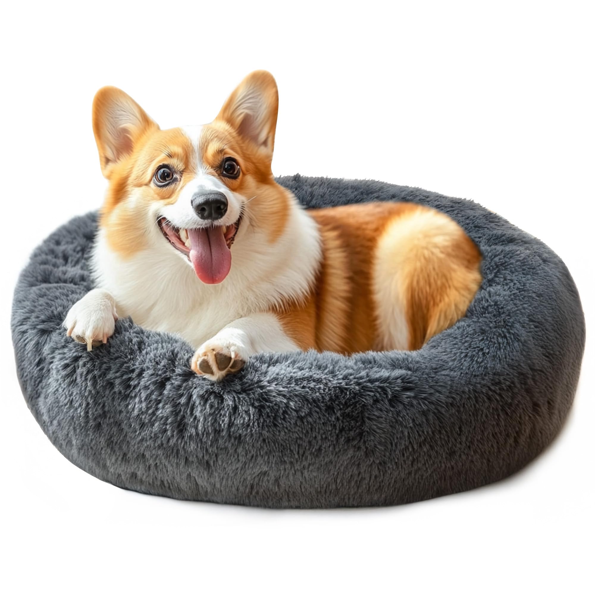 28In Large Dog Bed, Medium Size Dog And Cats, Calming Donut Bed For Puppy And Kitten, Washable Round Fluffy Pet Bed (Dark Grey)