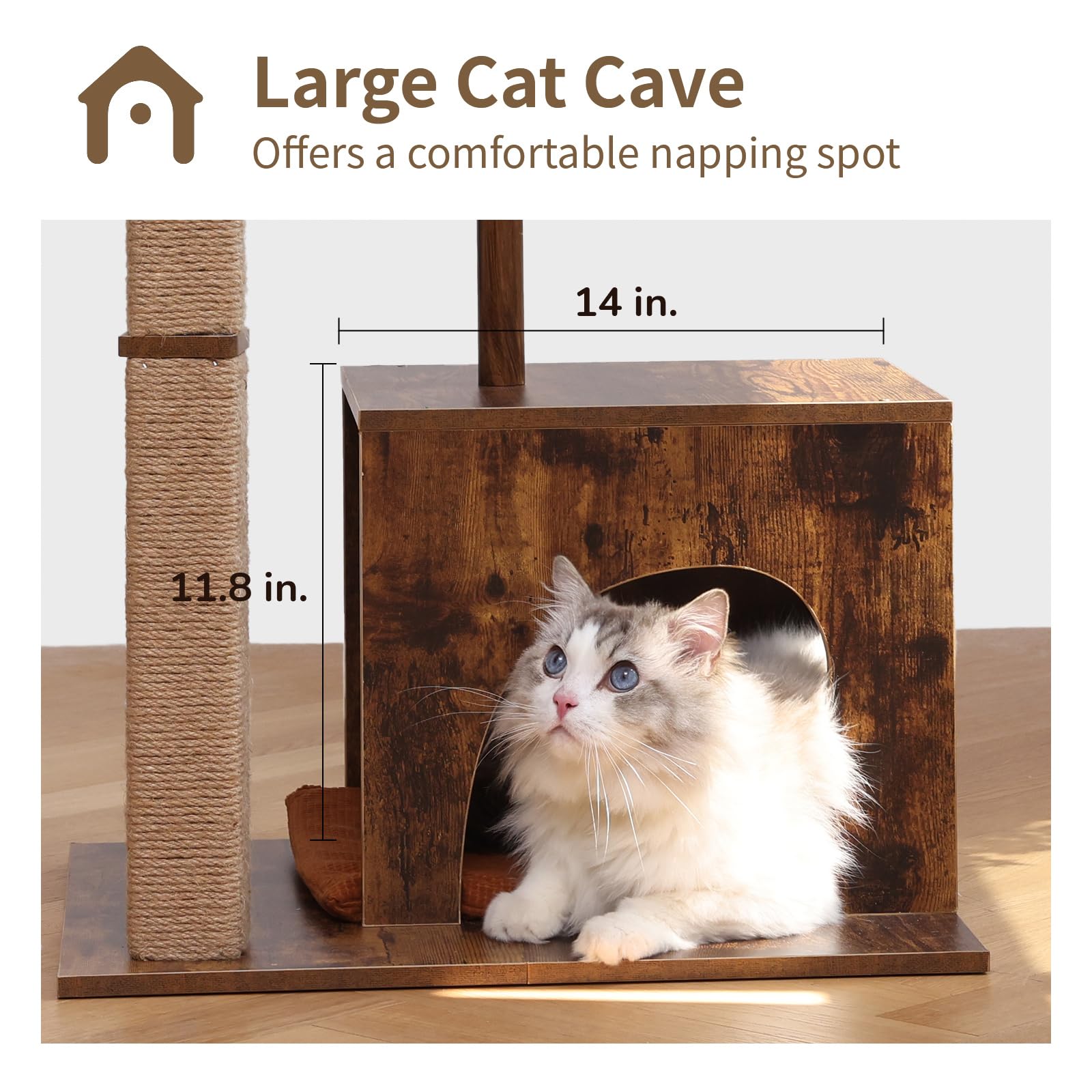 Fukumaru Cat Scratching Post, Modern Style Cat Tree With Unique Square Post, Wooden Cat Tower With Silvervine Balls, Retro Cat C