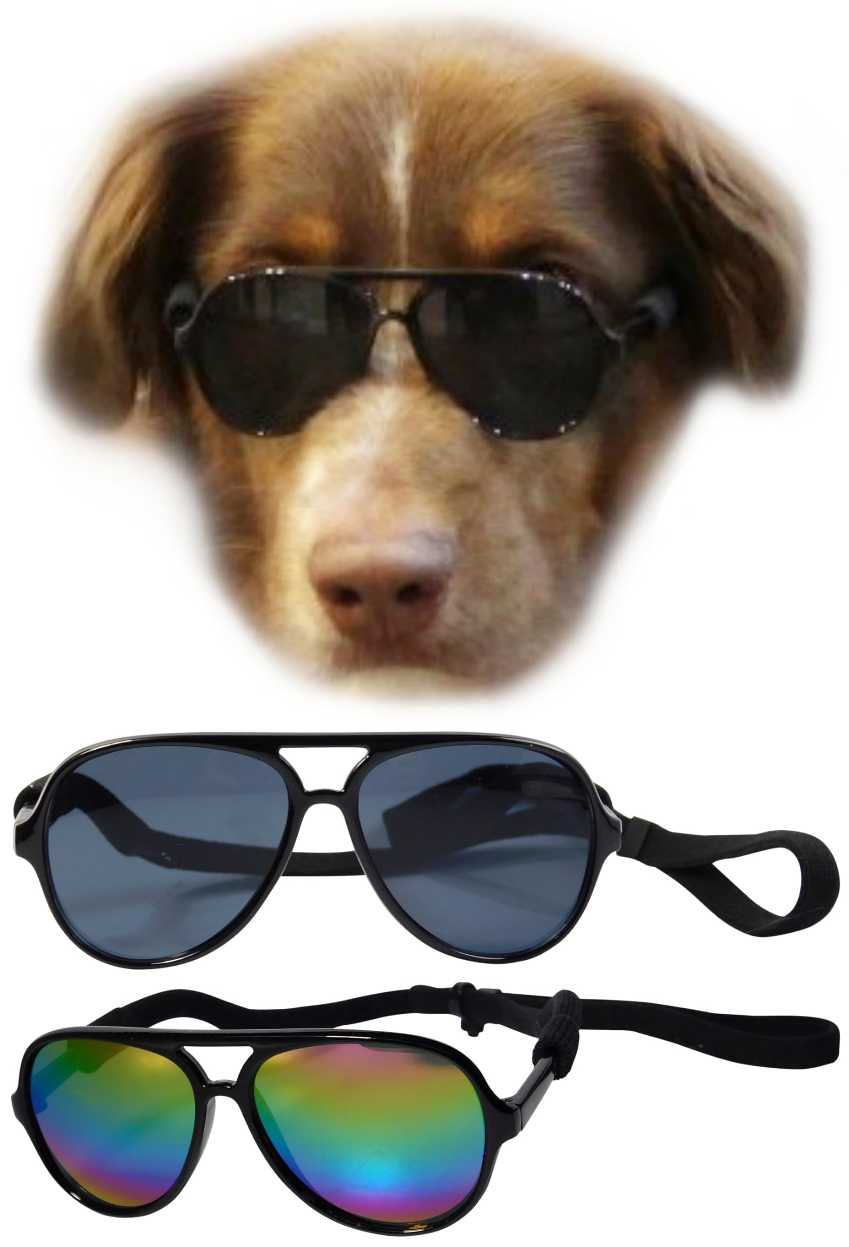 G010 Dog Pet Costume Prop Aviator Sunglasses Medium Breeds 20-40 Lbs (2-Pack Black + Black-Rainbow Mirror)
