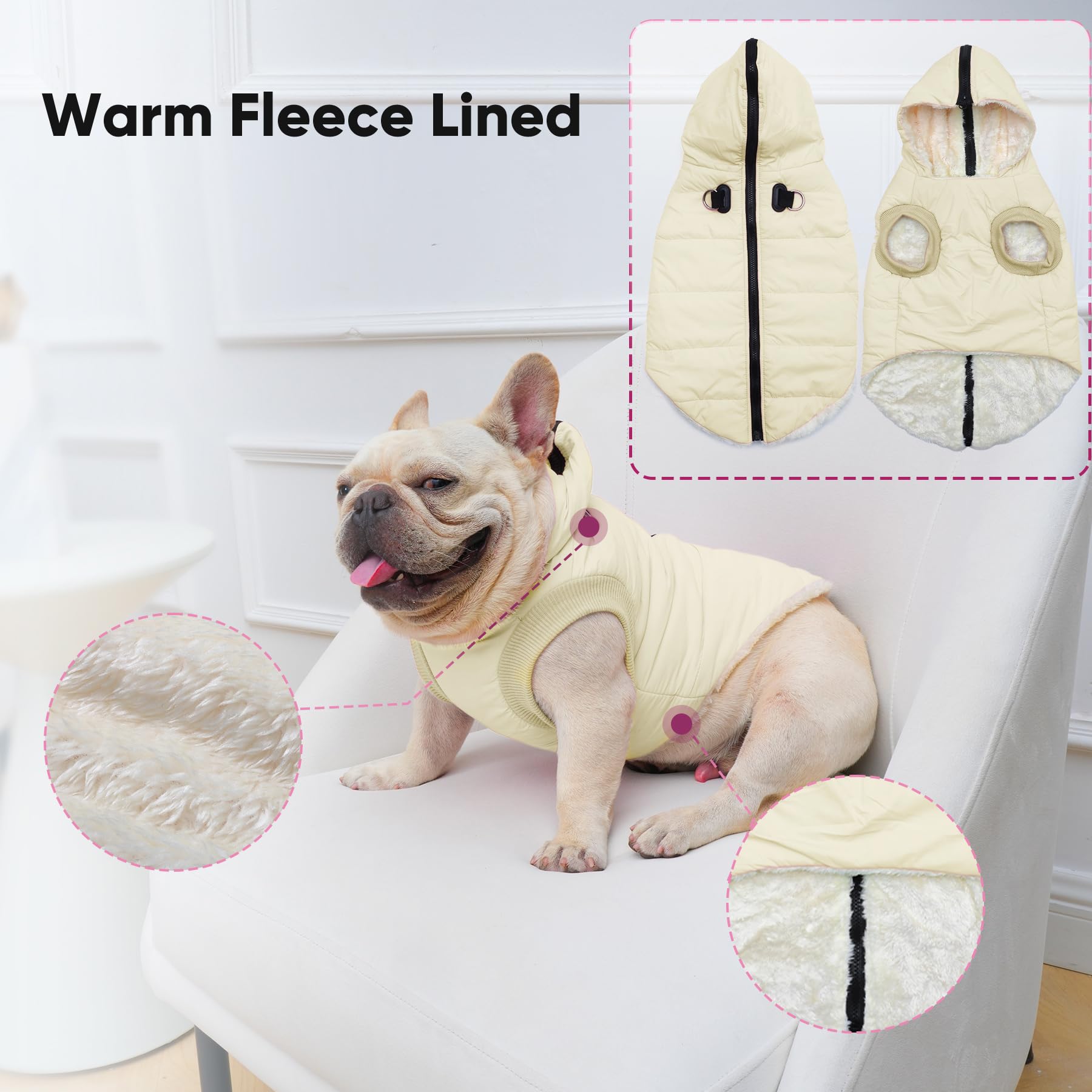 Vecomfy Fleece Lining Dog Hoodie With Harness Built In,Extra Warm Small Dog Jacket In Winter Puppy Coats With Hooded,Light Yellow Xs
