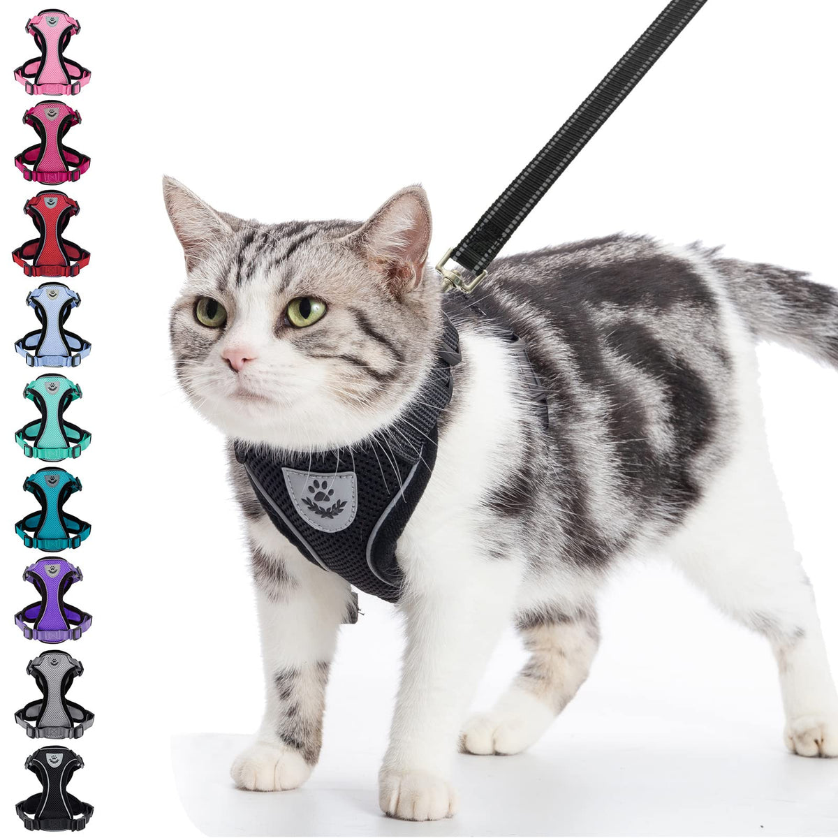 Pupteck Cat Harness And Leash Set- Adjustable Vest Escape Proof Harness For Kitten Small Medium Cats, Retractable Breathable Soft Mesh For Outside With Reflective Strips